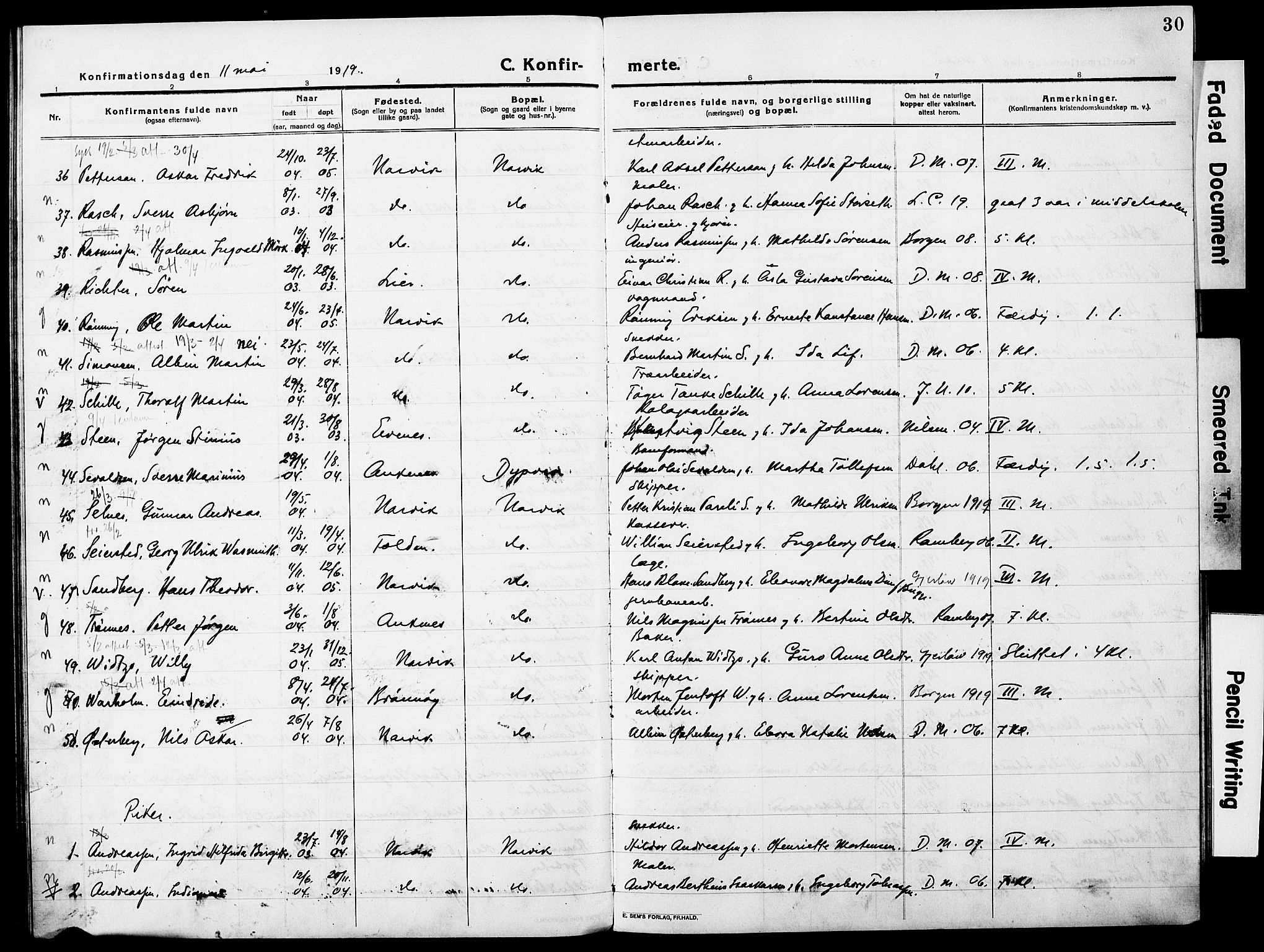 Ministerialprotokoller, klokkerbøker og fødselsregistre - Nordland, AV/SAT-A-1459/871/L0989: Parish register (official) no. 871A05, 1915-1922, p. 30