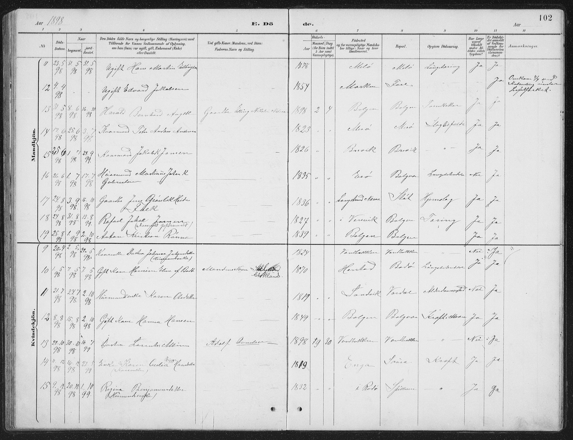 Ministerialprotokoller, klokkerbøker og fødselsregistre - Nordland, AV/SAT-A-1459/843/L0638: Parish register (copy) no. 843C07, 1888-1907, p. 102