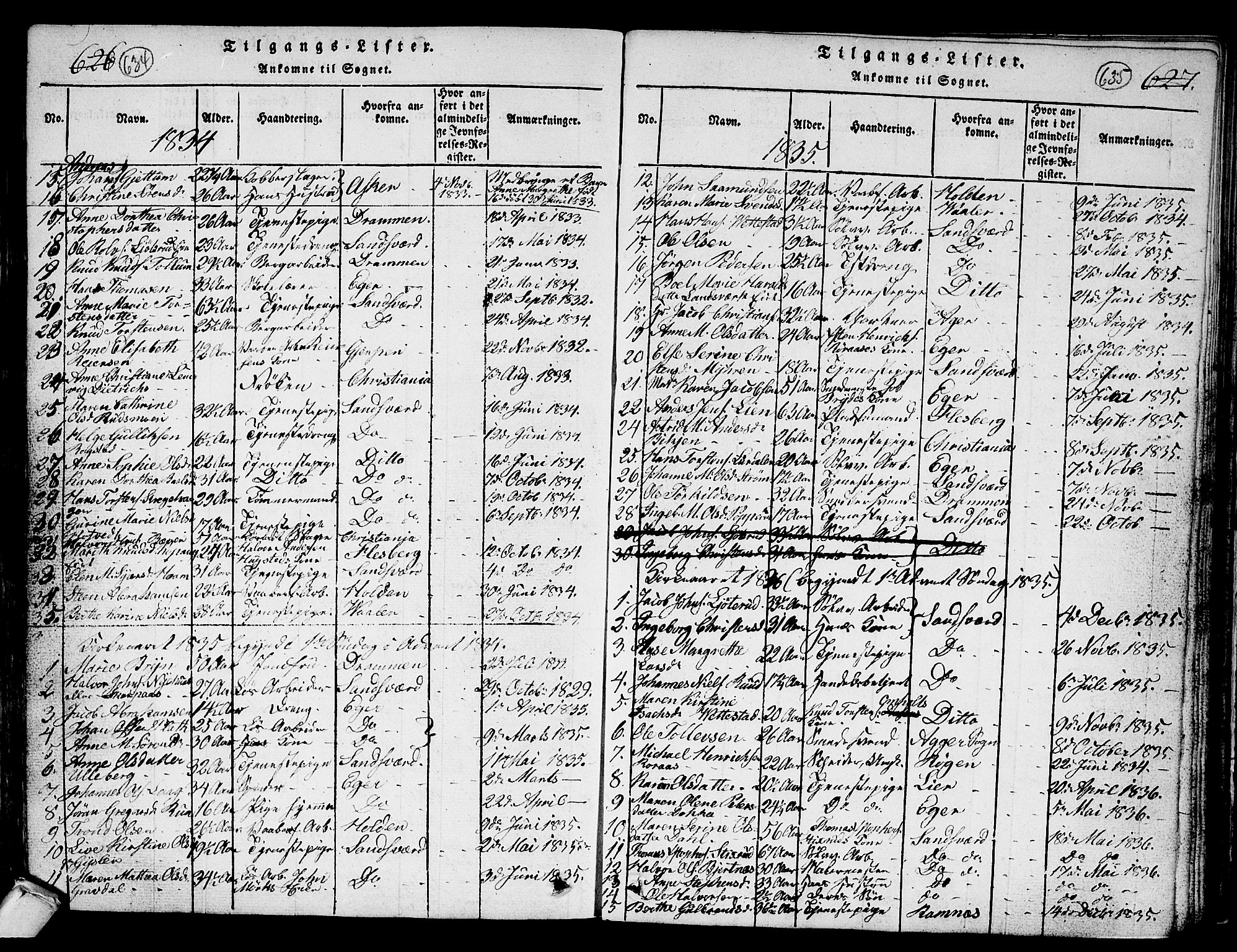 Kongsberg kirkebøker, AV/SAKO-A-22/G/Ga/L0001: Parish register (copy) no. 1, 1816-1839, p. 634-635