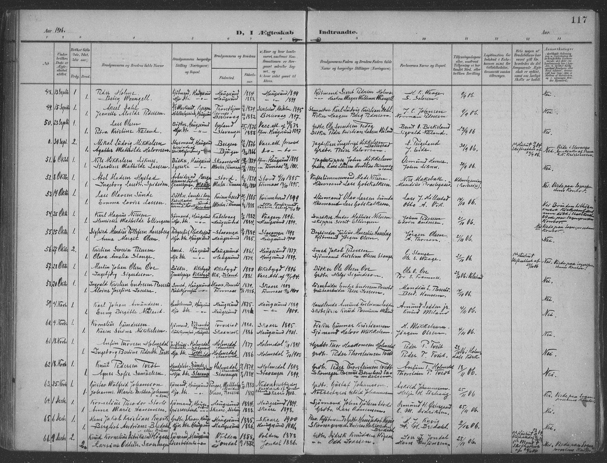 Haugesund sokneprestkontor, AV/SAST-A -101863/H/Ha/Haa/L0007: Parish register (official) no. A 7, 1904-1916, p. 117