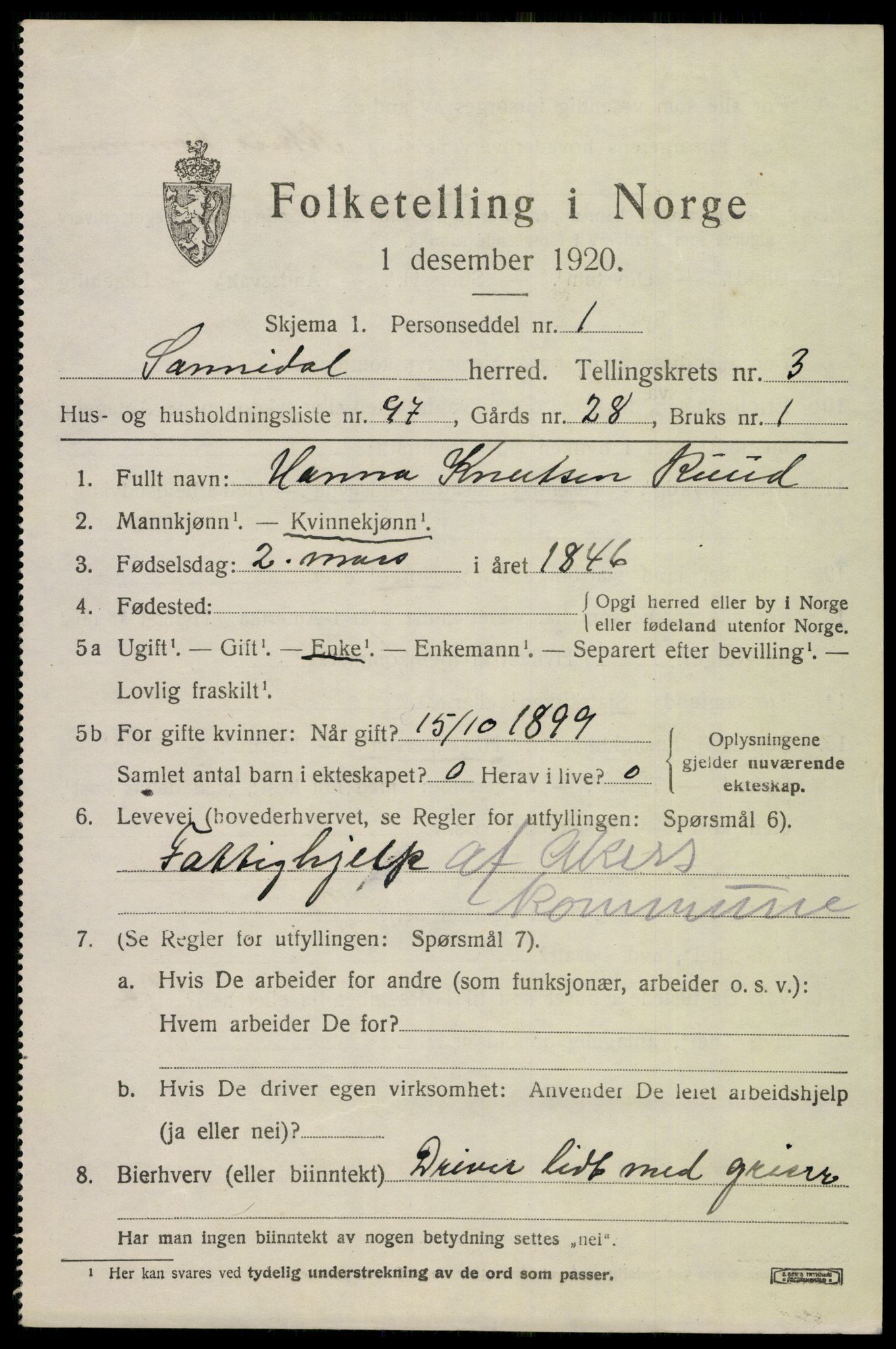 SAKO, 1920 census for Sannidal, 1920, p. 3337