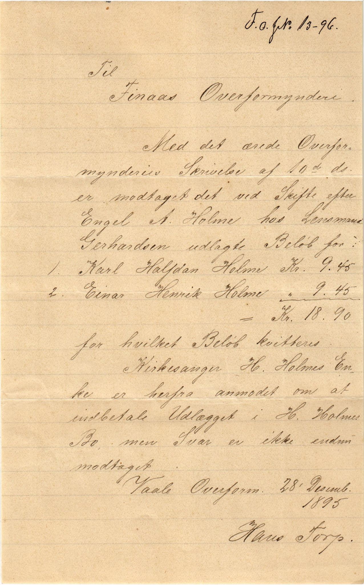 Finnaas kommune. Overformynderiet, IKAH/1218a-812/D/Da/Daa/L0002/0001: Kronologisk ordna korrespondanse / Kronologisk ordna korrespondanse, 1896-1900, p. 5