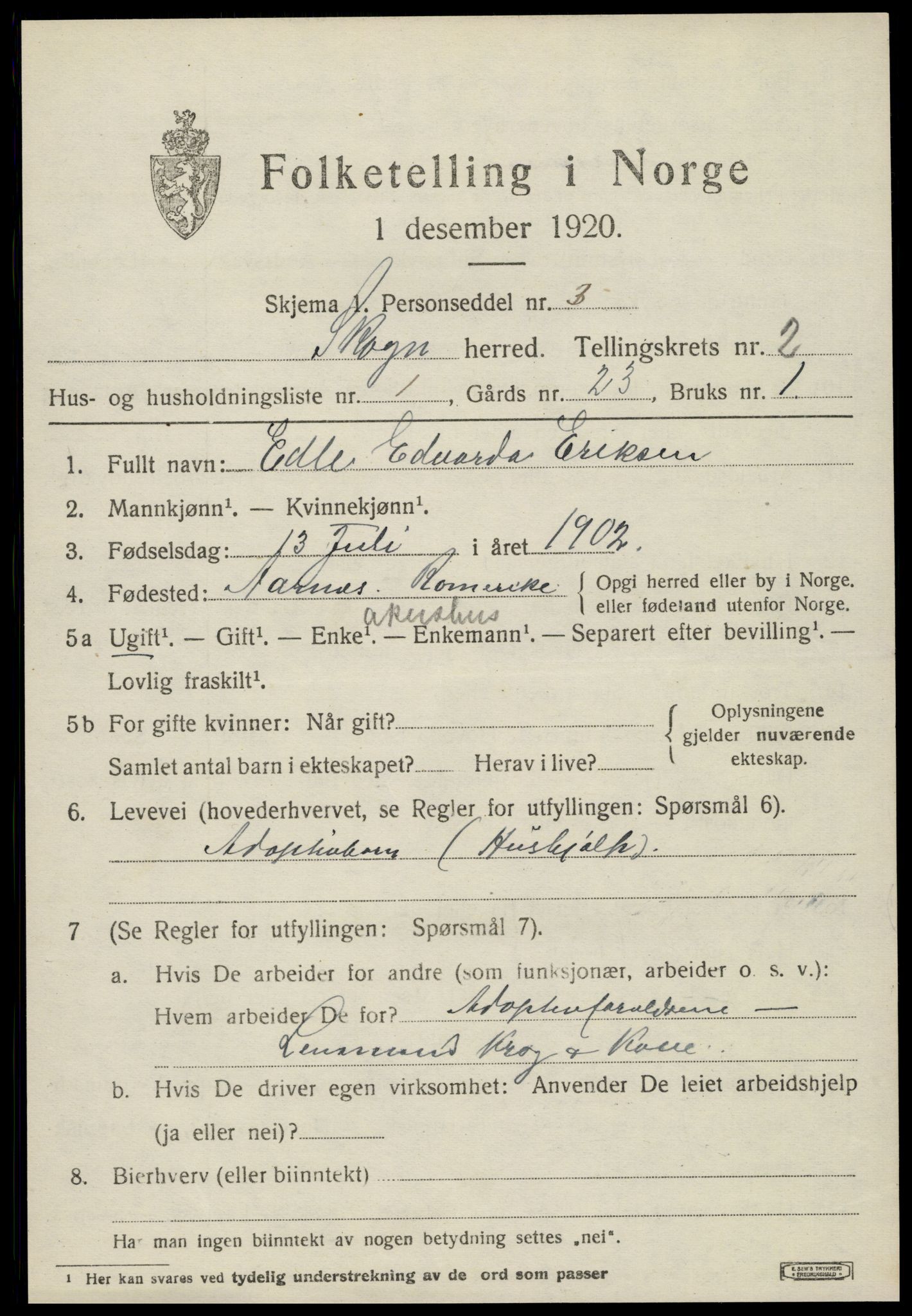 SAT, 1920 census for Skogn, 1920, p. 3031