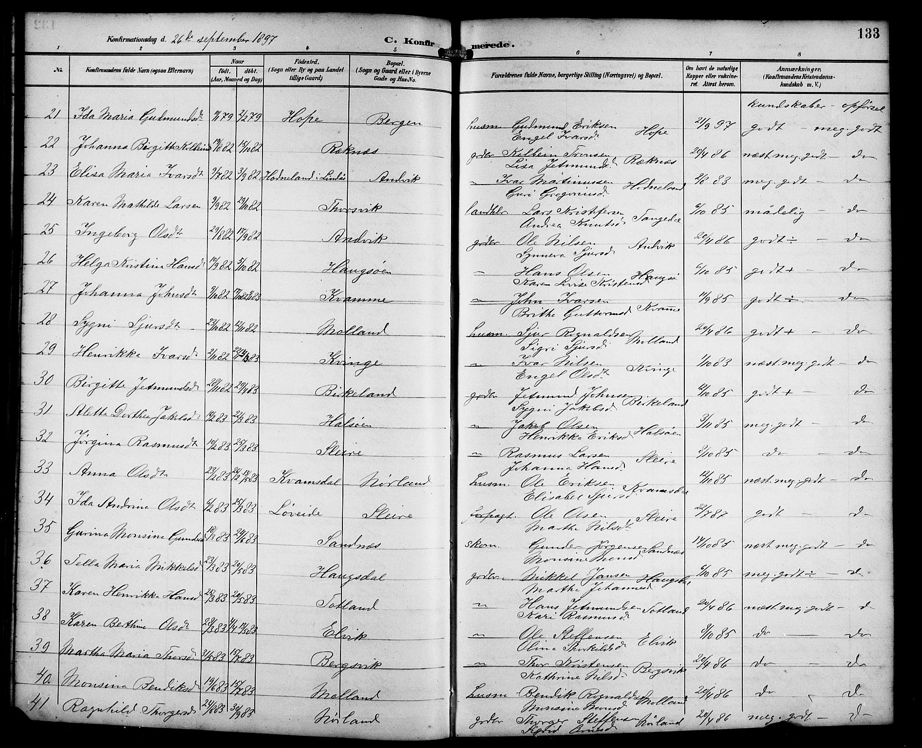 Masfjorden Sokneprestembete, SAB/A-77001: Parish register (copy) no. B 1, 1892-1913, p. 133
