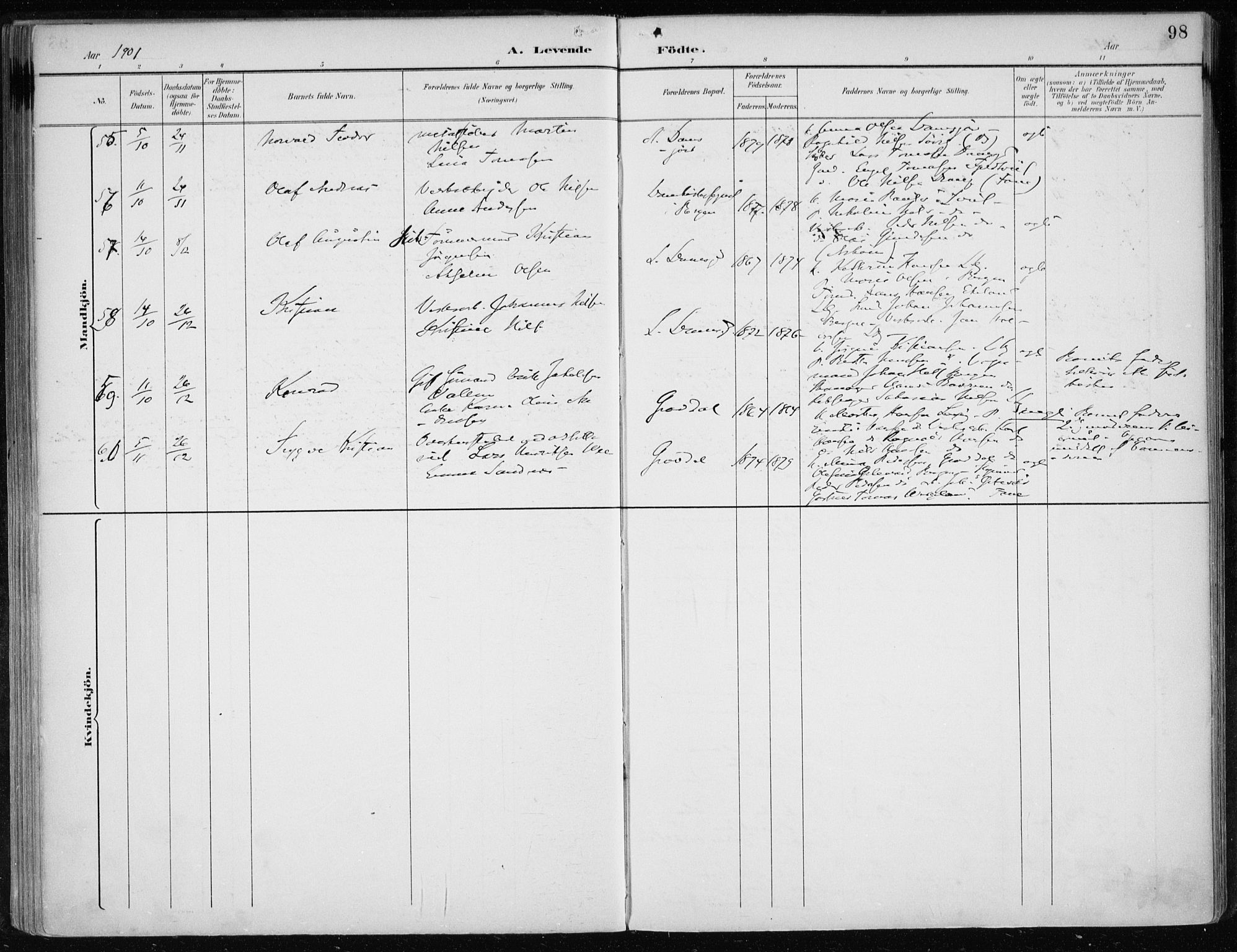 Askøy Sokneprestembete, SAB/A-74101/H/Ha/Haa/Haae/L0003: Parish register (official) no. E 3, 1891-1903, p. 98
