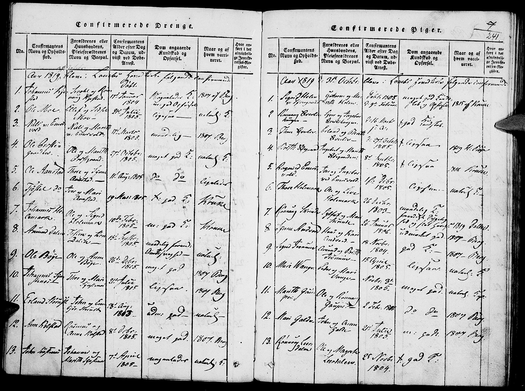 Lom prestekontor, SAH/PREST-070/K/L0004: Parish register (official) no. 4, 1815-1825, p. 241