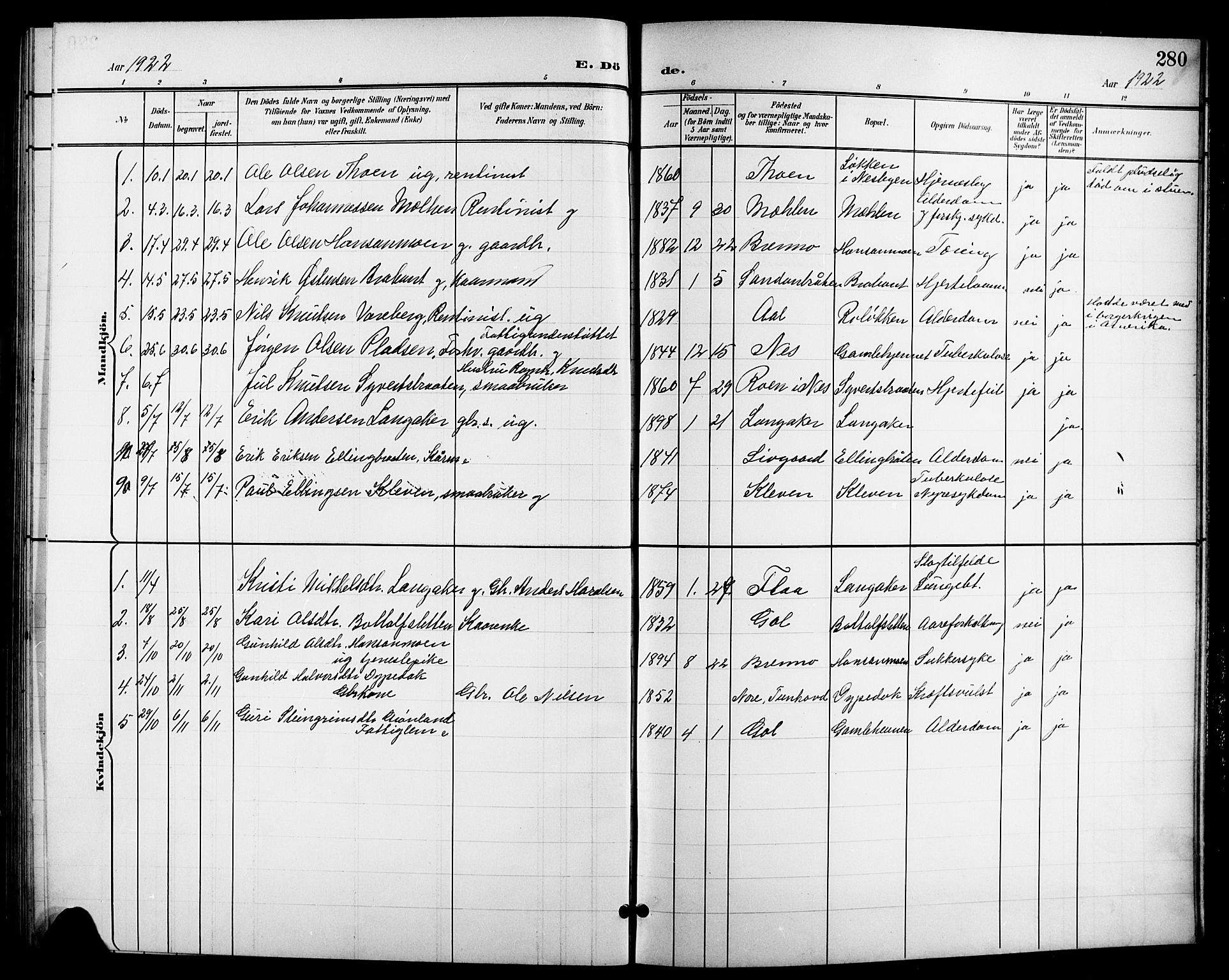 Nes kirkebøker, SAKO/A-236/G/Ga/L0004: Parish register (copy) no. I 4, 1900-1925, p. 280