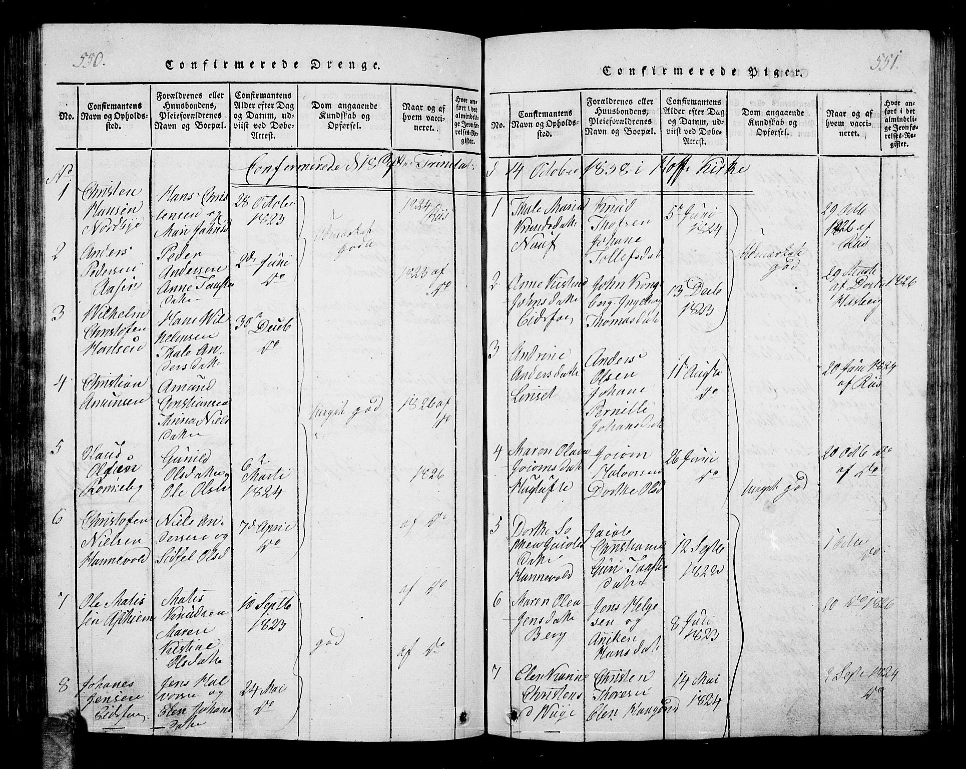 Hof kirkebøker, AV/SAKO-A-64/G/Ga/L0001: Parish register (copy) no. I 1, 1814-1844, p. 550-551