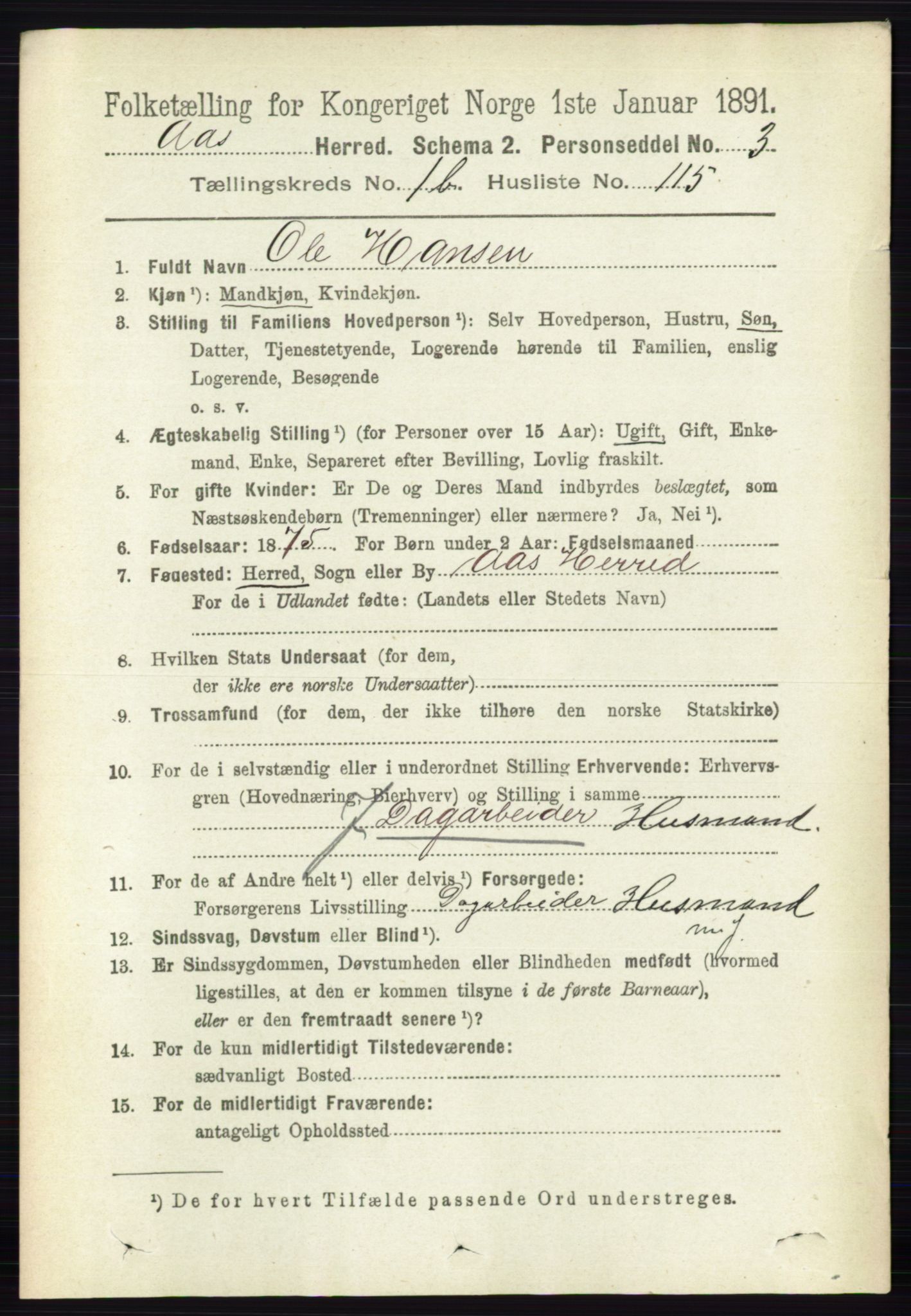 RA, 1891 census for 0214 Ås, 1891, p. 1482