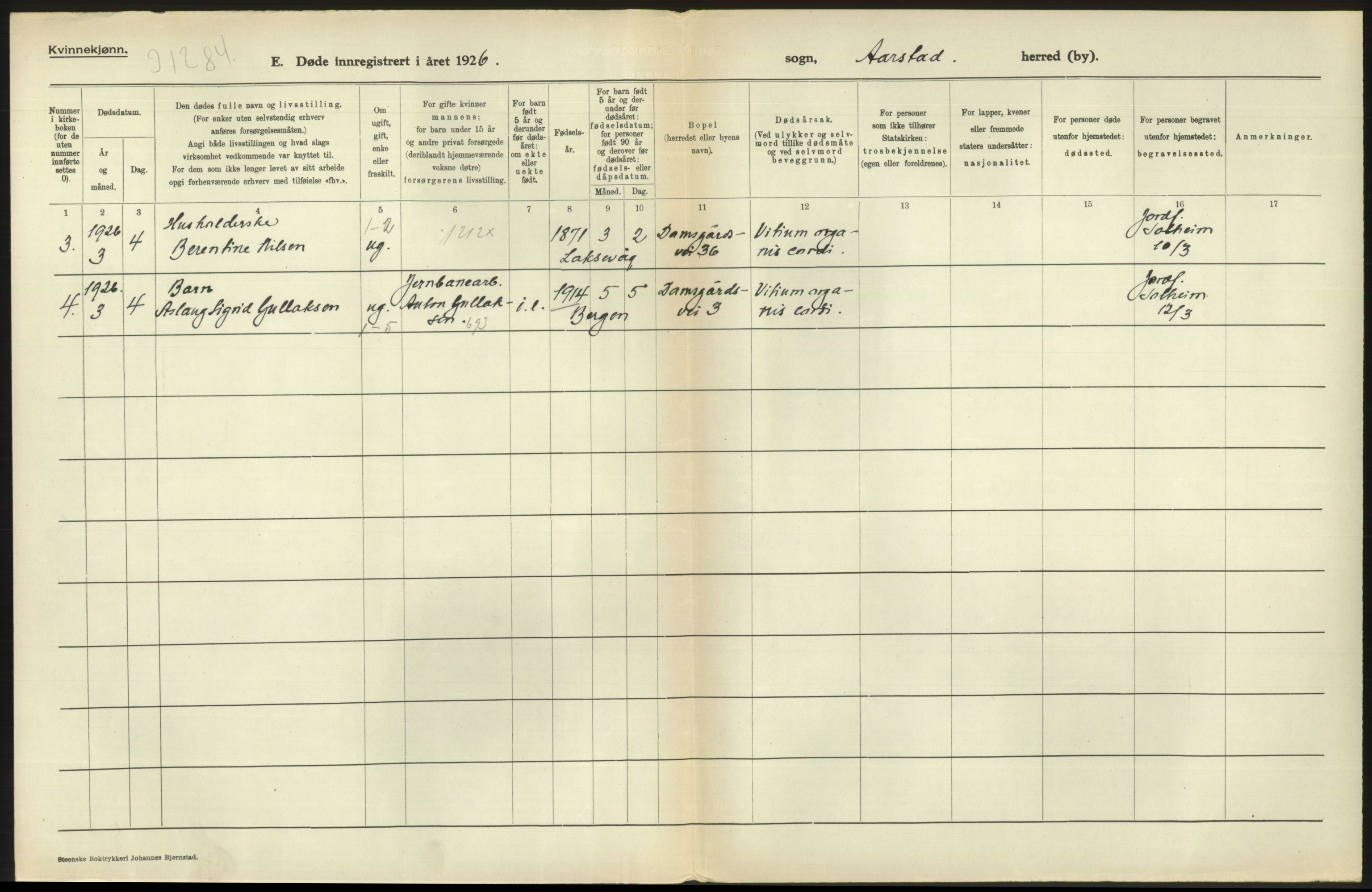 Statistisk sentralbyrå, Sosiodemografiske emner, Befolkning, RA/S-2228/D/Df/Dfc/Dfcf/L0028: Bergen: Gifte, døde, dødfødte., 1926, p. 510