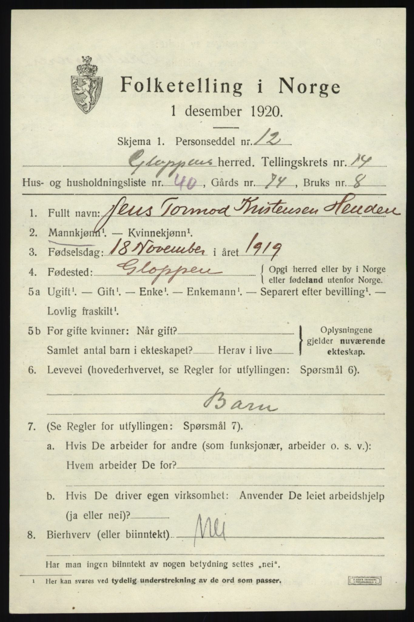 SAB, 1920 census for Gloppen, 1920, p. 7416