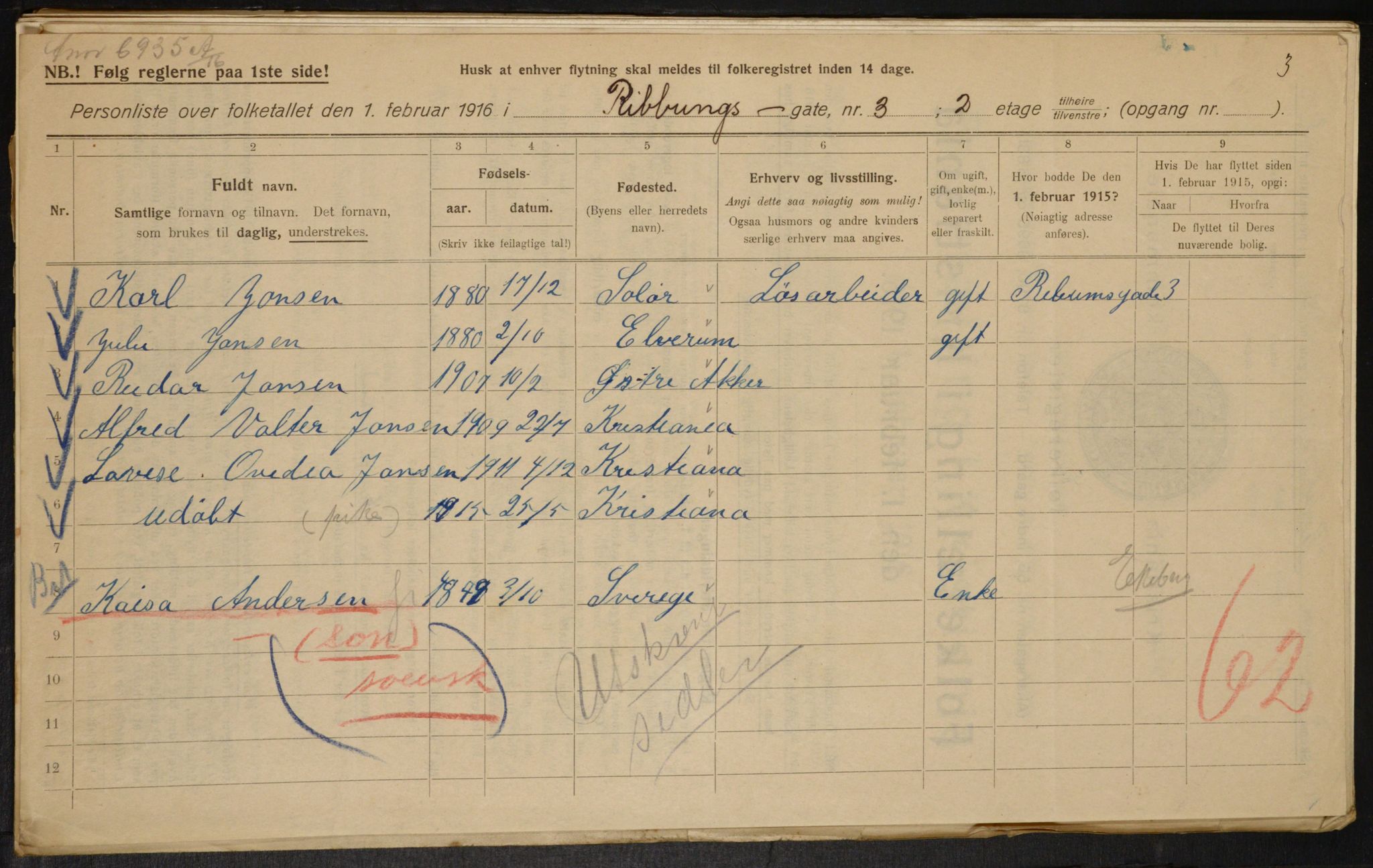 OBA, Municipal Census 1916 for Kristiania, 1916, p. 85097