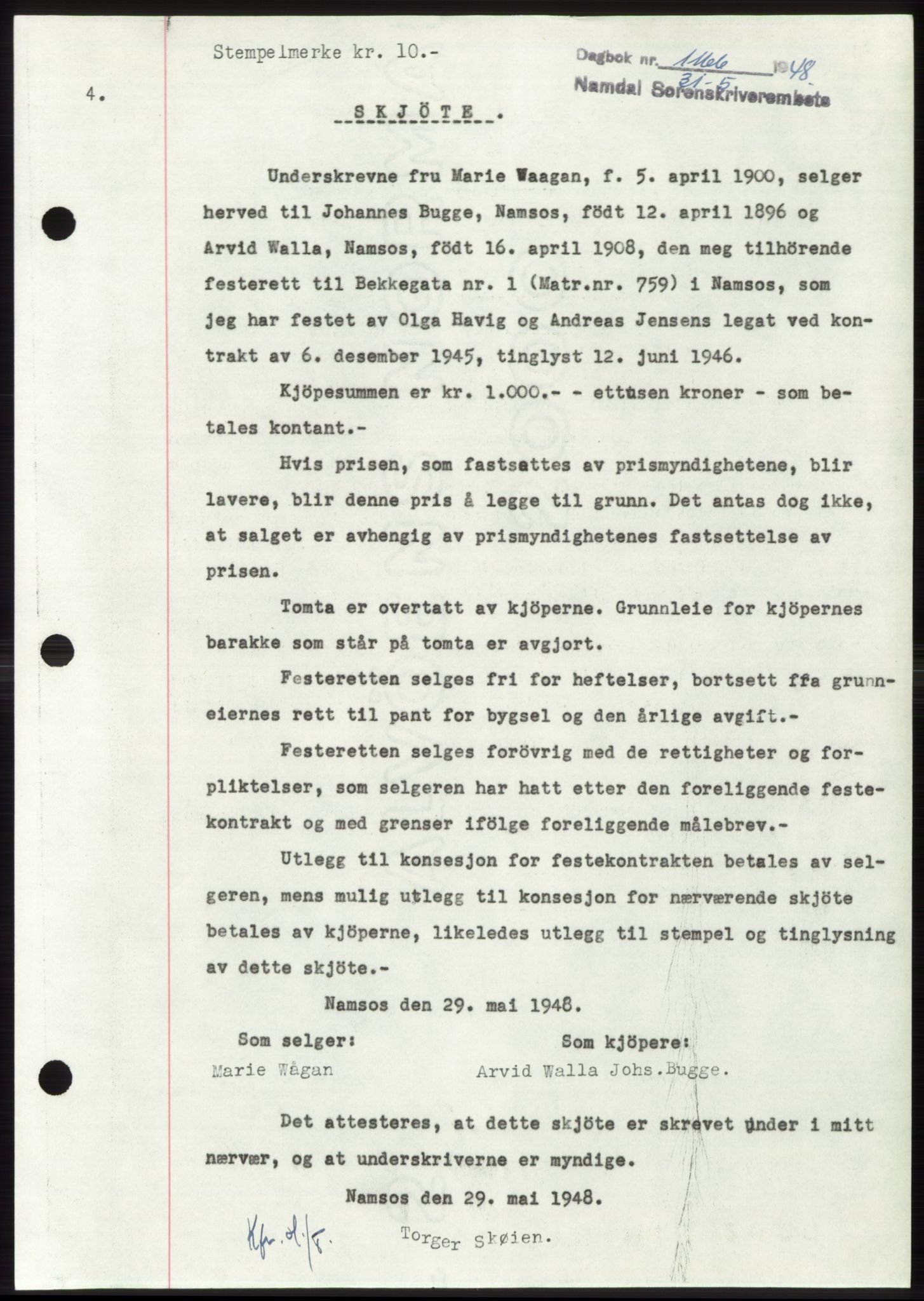 Namdal sorenskriveri, SAT/A-4133/1/2/2C: Mortgage book no. -, 1947-1948, Diary no: : 1166/1948