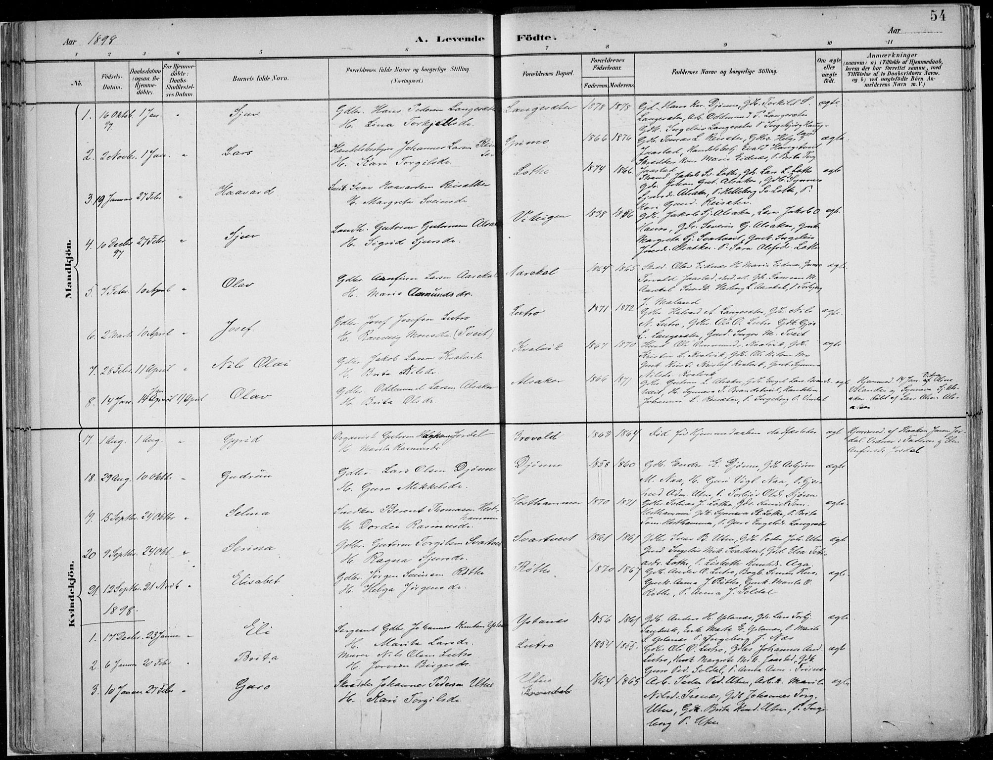Ullensvang sokneprestembete, SAB/A-78701/H/Haa: Parish register (official) no. E  1, 1882-1921, p. 54
