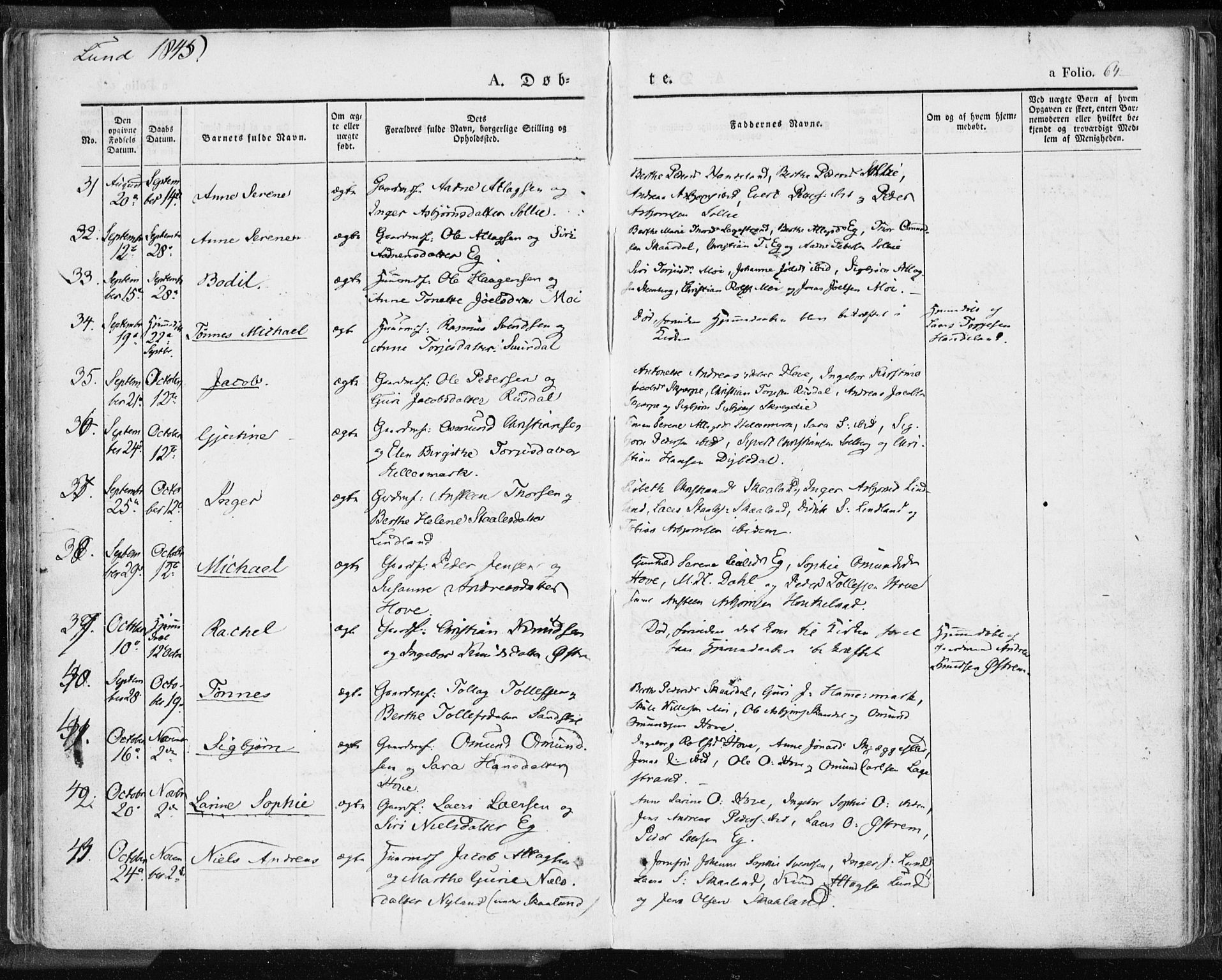 Lund sokneprestkontor, AV/SAST-A-101809/S06/L0007: Parish register (official) no. A 7.1, 1833-1854, p. 64