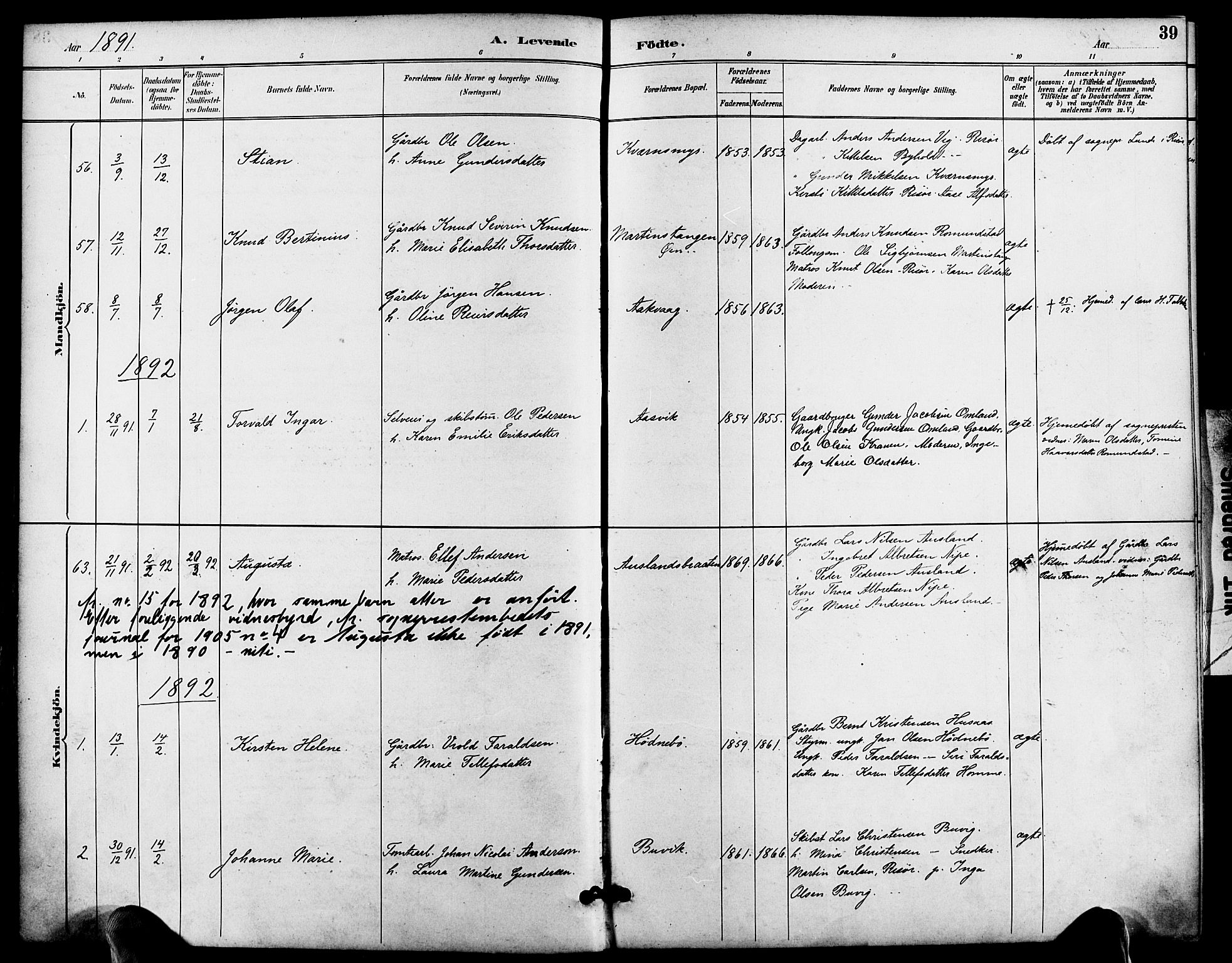 Søndeled sokneprestkontor, AV/SAK-1111-0038/F/Fa/L0005: Parish register (official) no. A 5, 1889-1899, p. 39