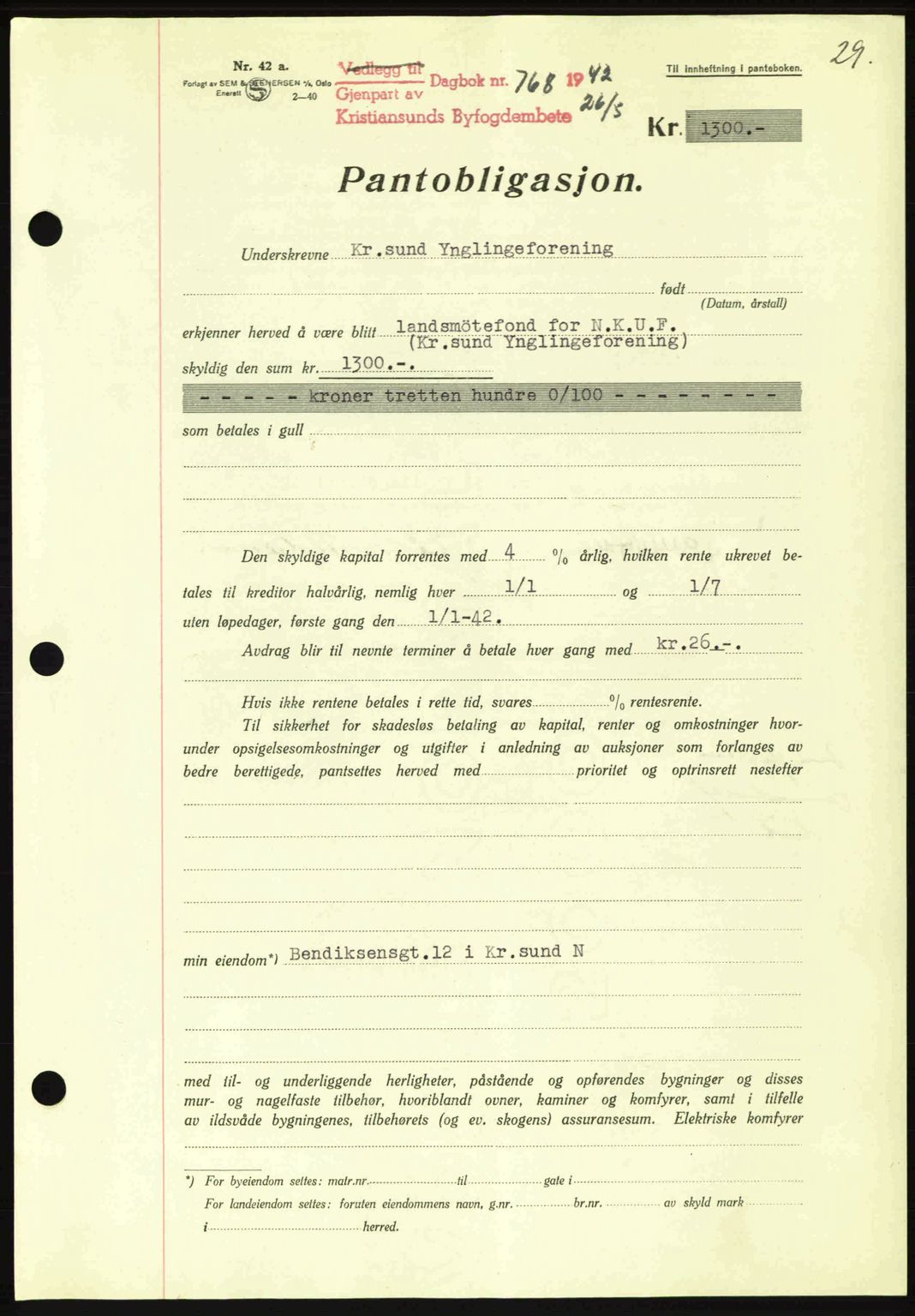 Kristiansund byfogd, AV/SAT-A-4587/A/27: Mortgage book no. 36, 1942-1943, Diary no: : 768/1942