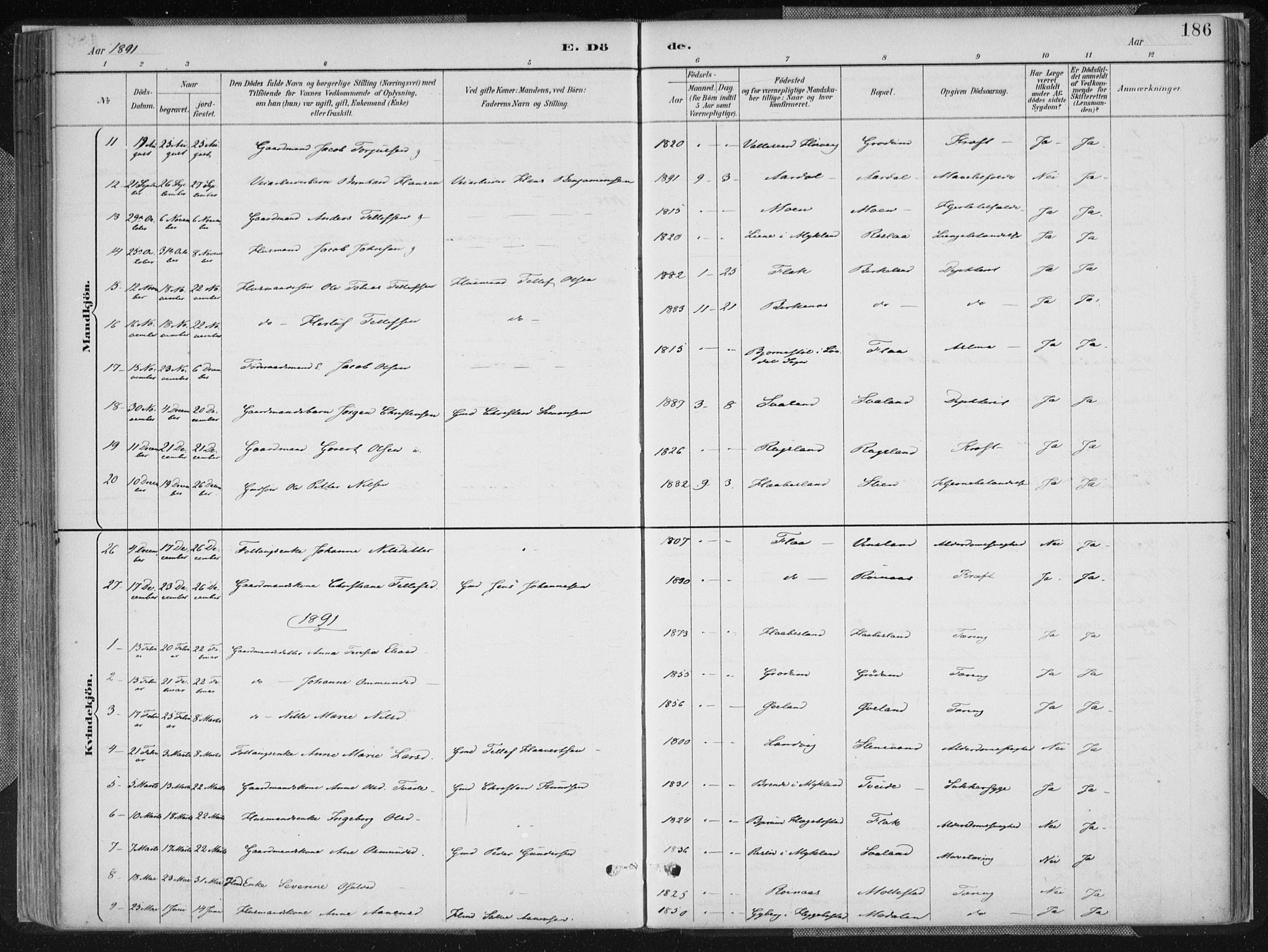 Birkenes sokneprestkontor, AV/SAK-1111-0004/F/Fa/L0005: Parish register (official) no. A 5, 1887-1907, p. 186