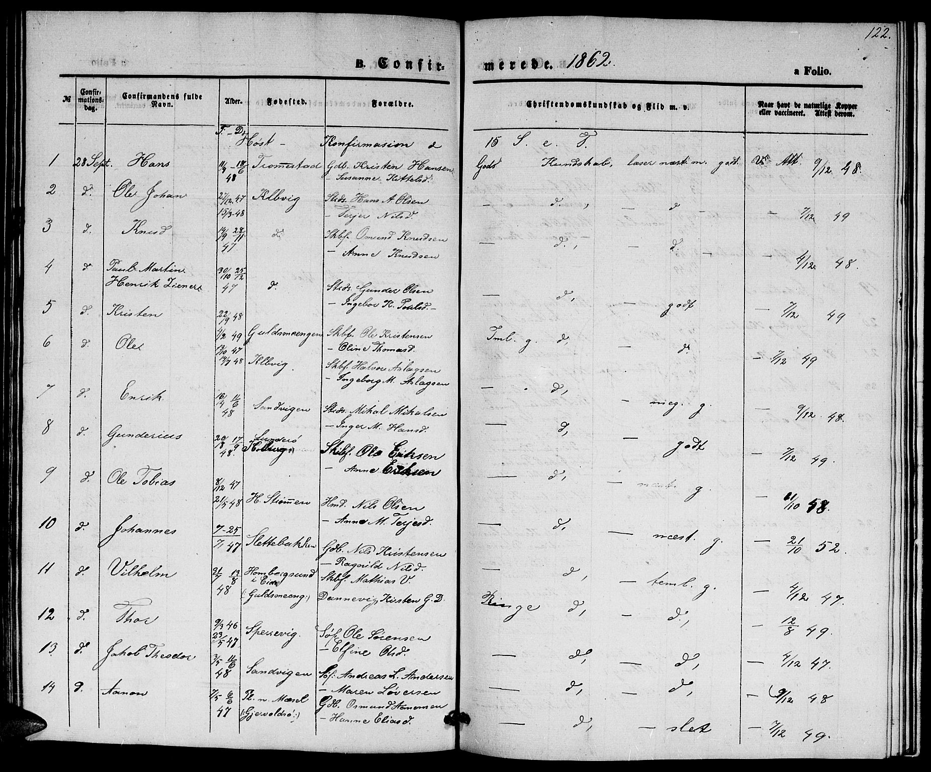 Hisøy sokneprestkontor, SAK/1111-0020/F/Fb/L0001: Parish register (copy) no. B 1, 1849-1872, p. 122