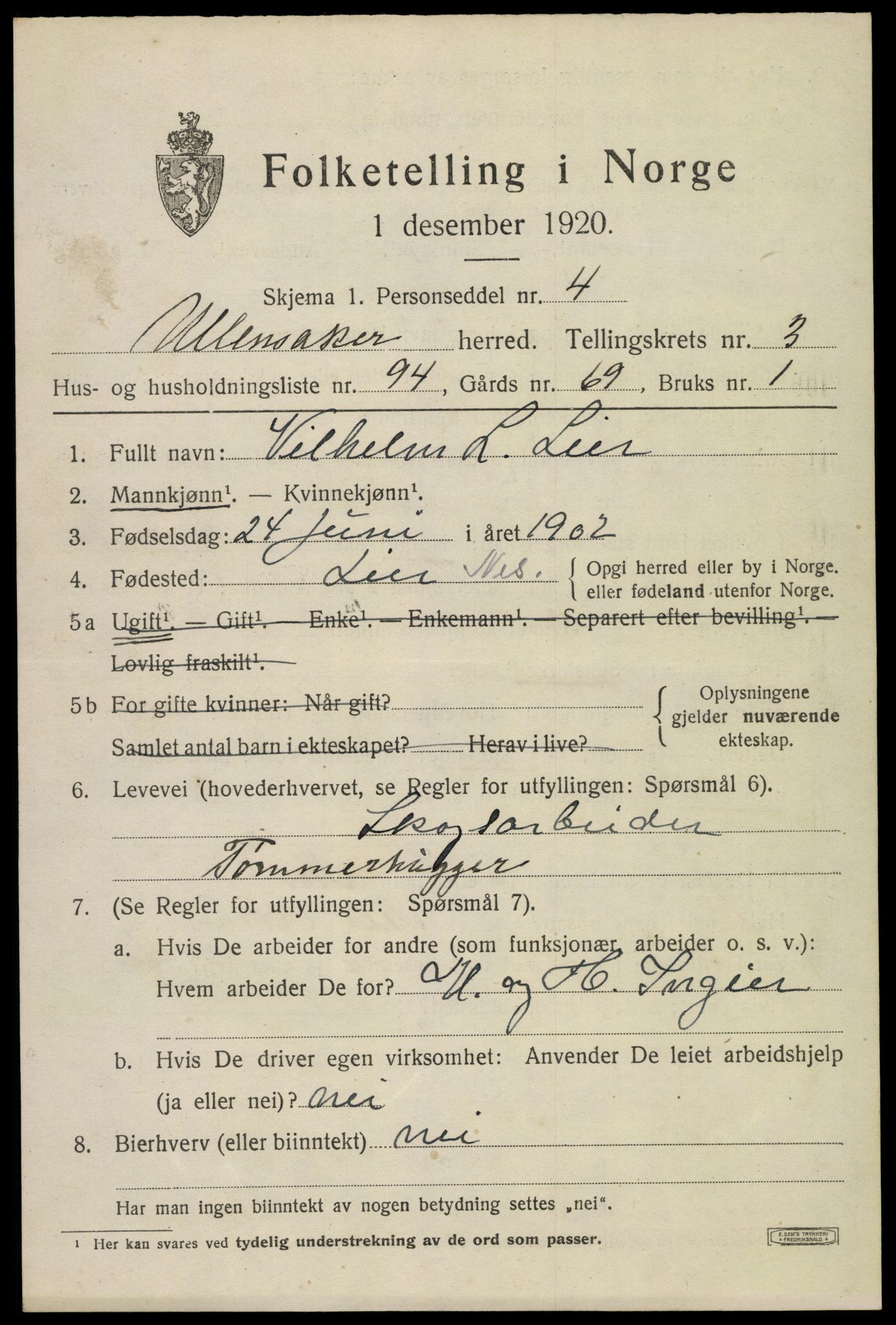 SAO, 1920 census for Ullensaker, 1920, p. 7239