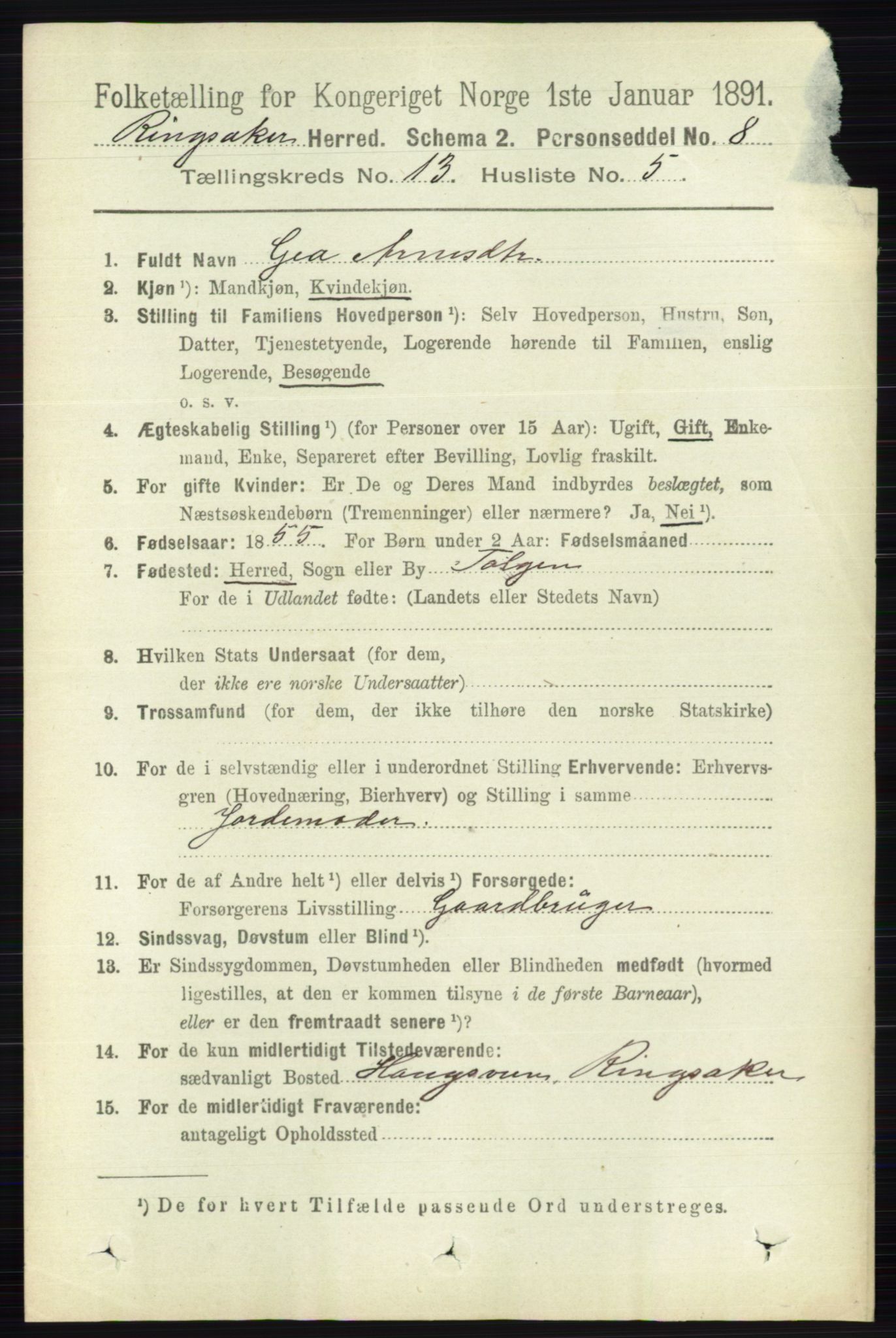 RA, 1891 census for 0412 Ringsaker, 1891, p. 7236
