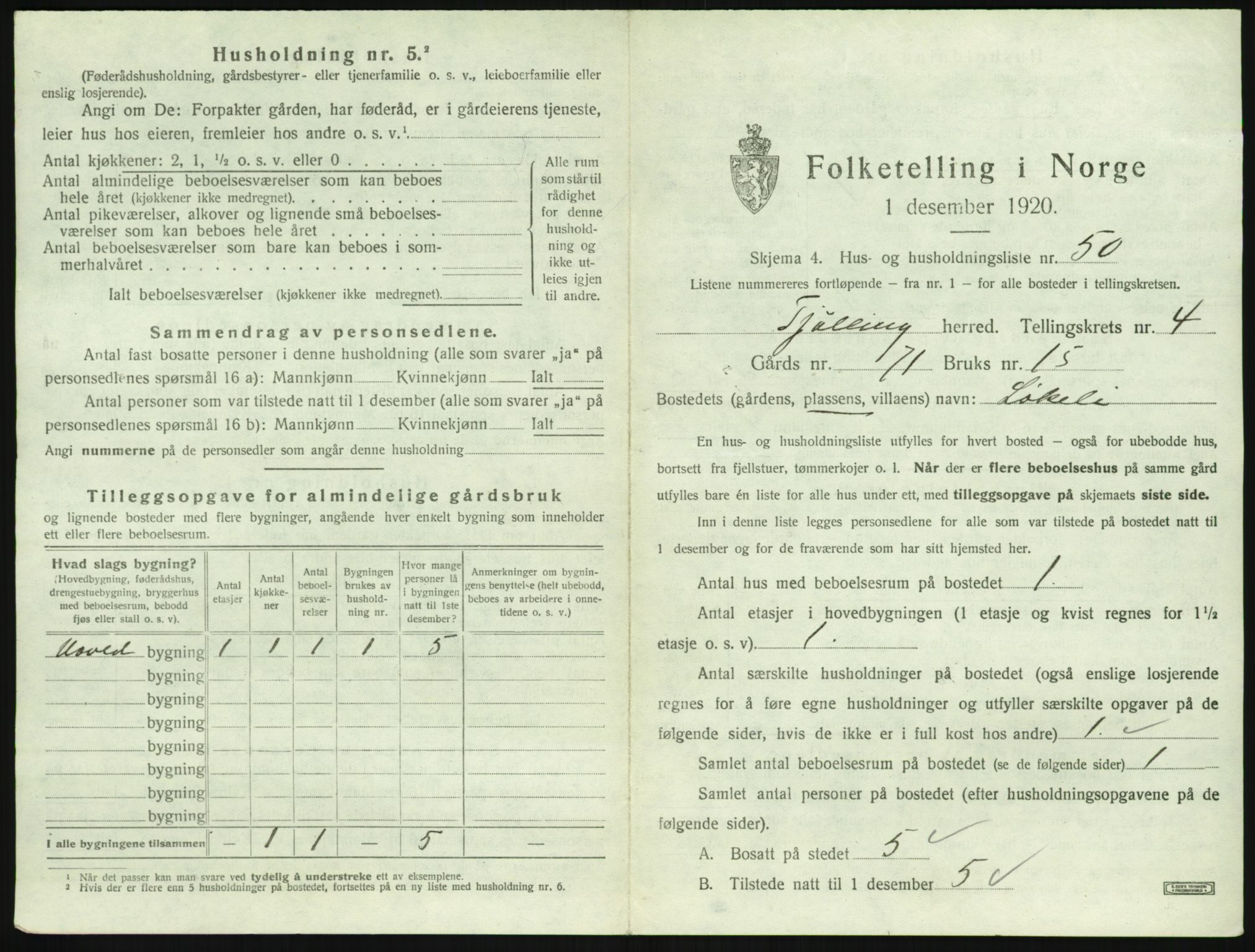 SAKO, 1920 census for Tjølling, 1920, p. 1173
