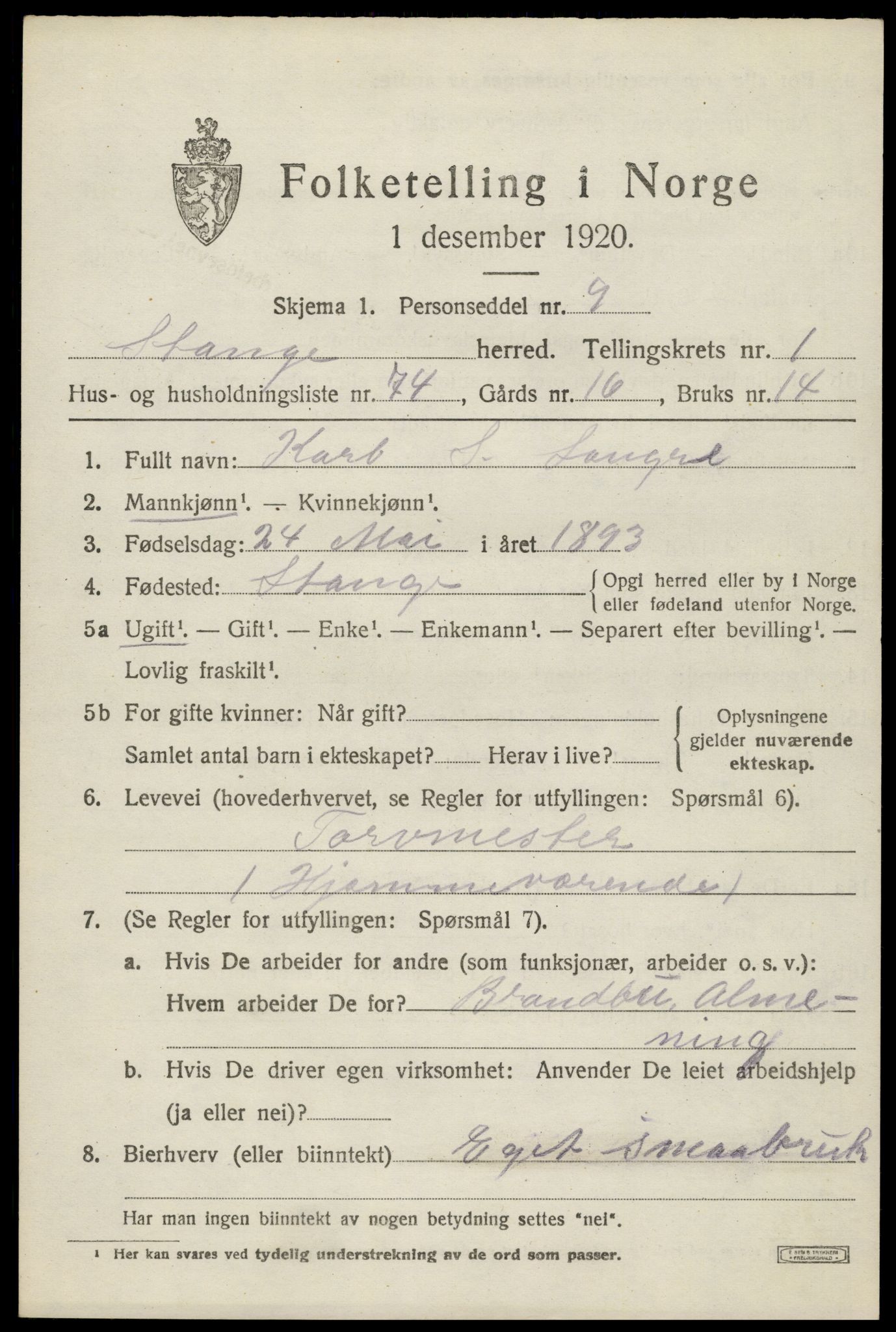 SAH, 1920 census for Stange, 1920, p. 3825