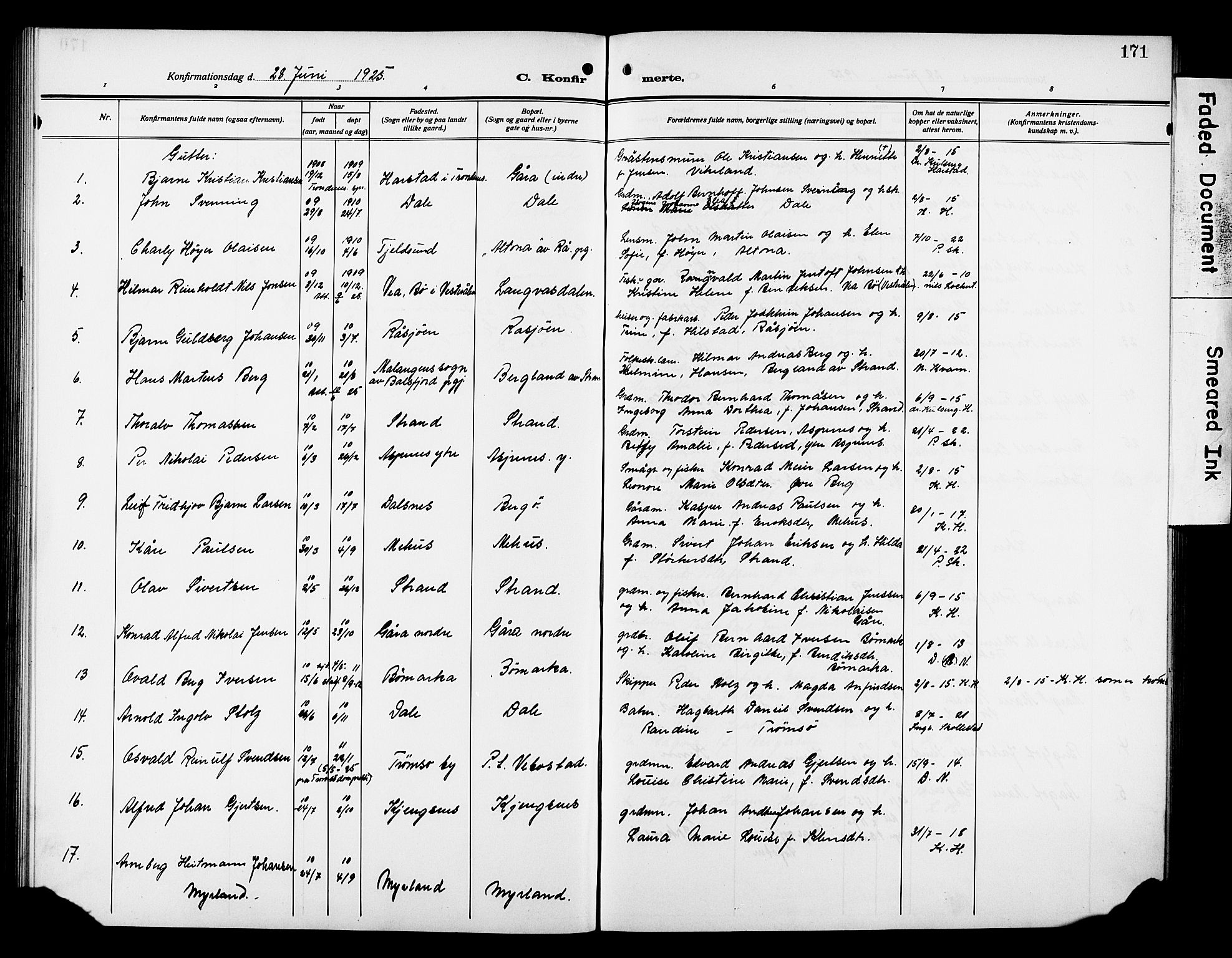 Kvæfjord sokneprestkontor, AV/SATØ-S-1323/G/Ga/Gab/L0006klokker: Parish register (copy) no. 6, 1912-1931, p. 171