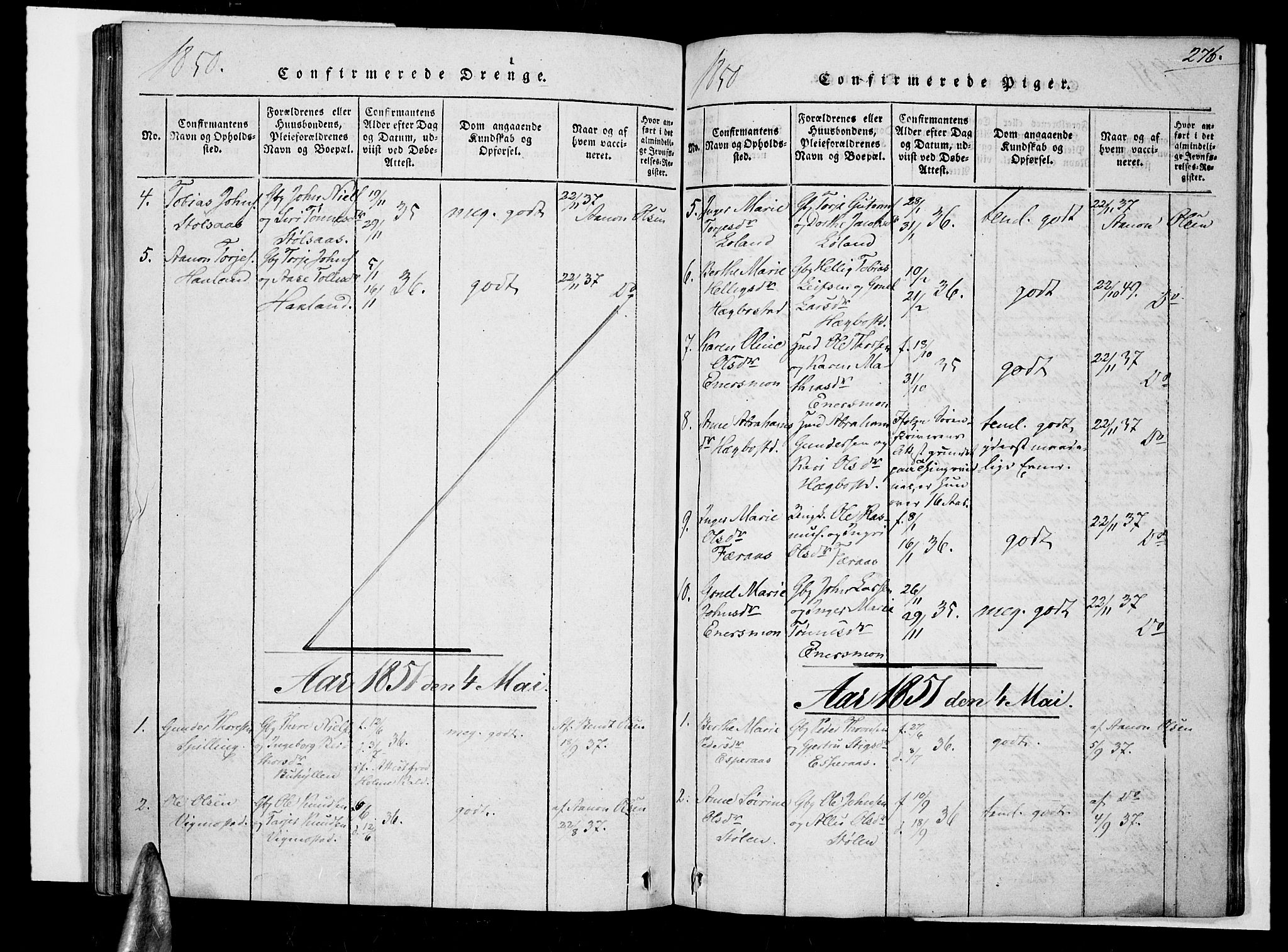 Nord-Audnedal sokneprestkontor, SAK/1111-0032/F/Fa/Fab/L0001: Parish register (official) no. A 1, 1816-1858, p. 276