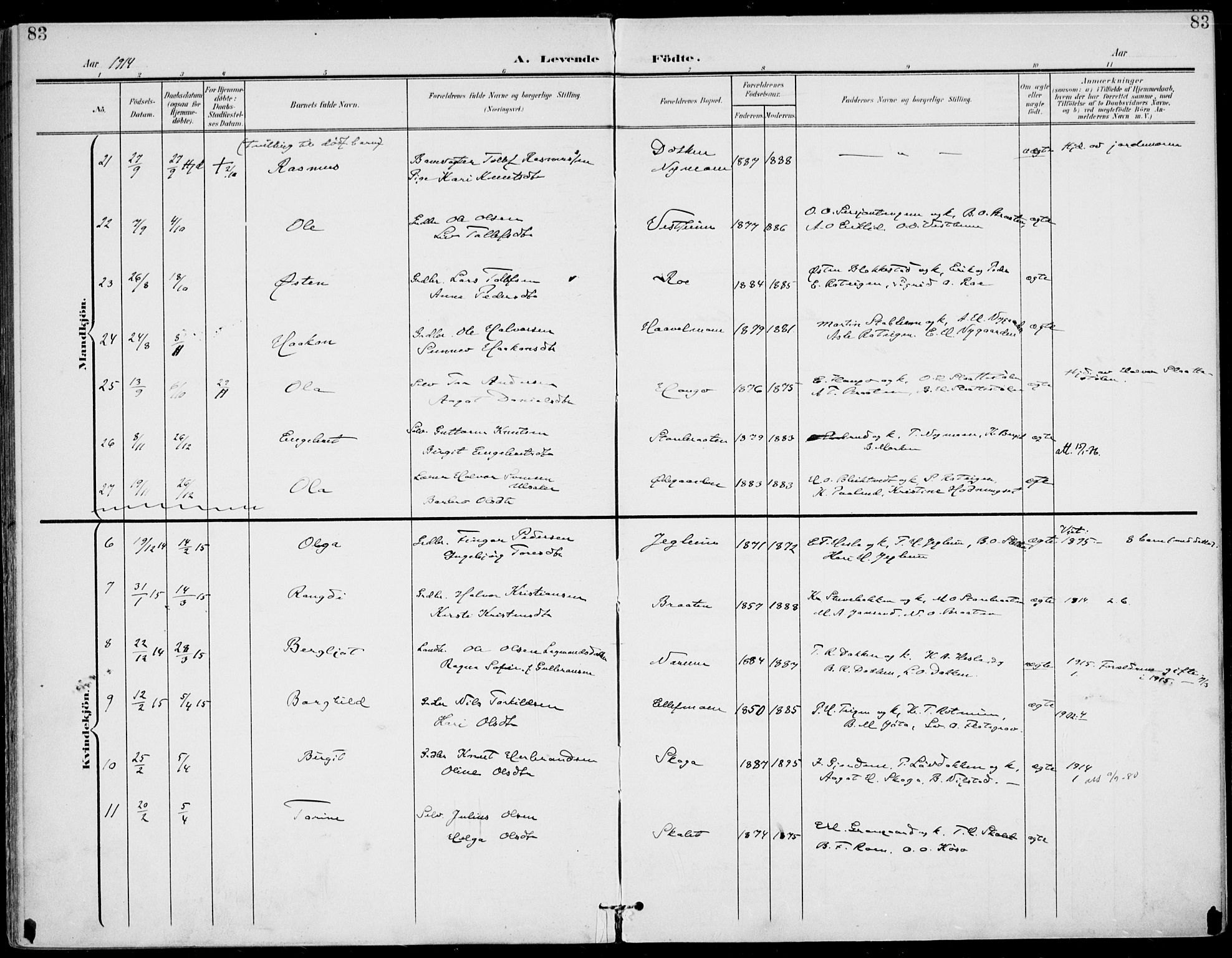 Gol kirkebøker, AV/SAKO-A-226/F/Fa/L0006: Parish register (official) no. I 6, 1901-1918, p. 83