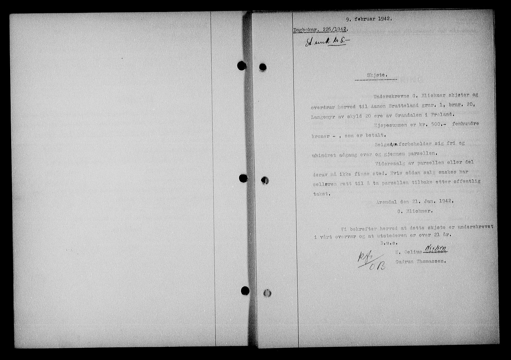 Nedenes sorenskriveri, SAK/1221-0006/G/Gb/Gba/L0049: Mortgage book no. A-III, 1941-1942, Diary no: : 226/1942