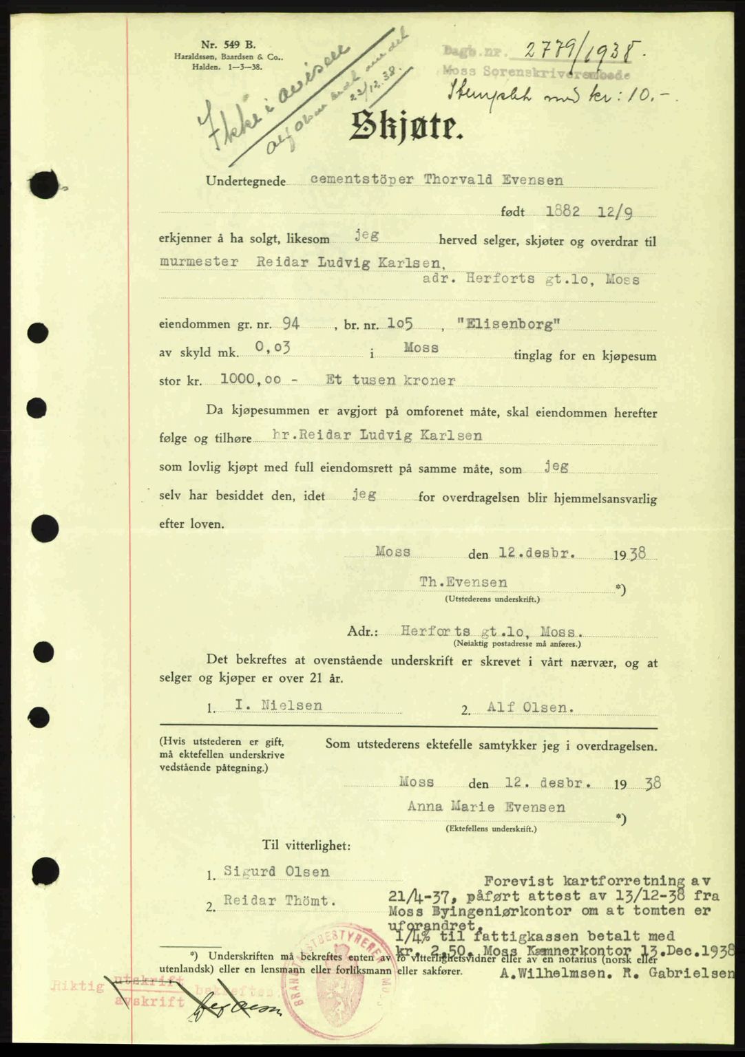 Moss sorenskriveri, SAO/A-10168: Mortgage book no. A5, 1938-1939, Diary no: : 2779/1938