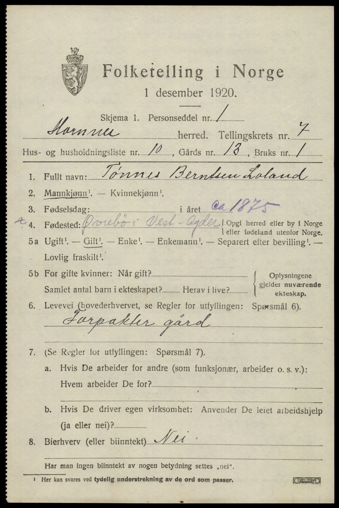SAK, 1920 census for Hornnes, 1920, p. 1761