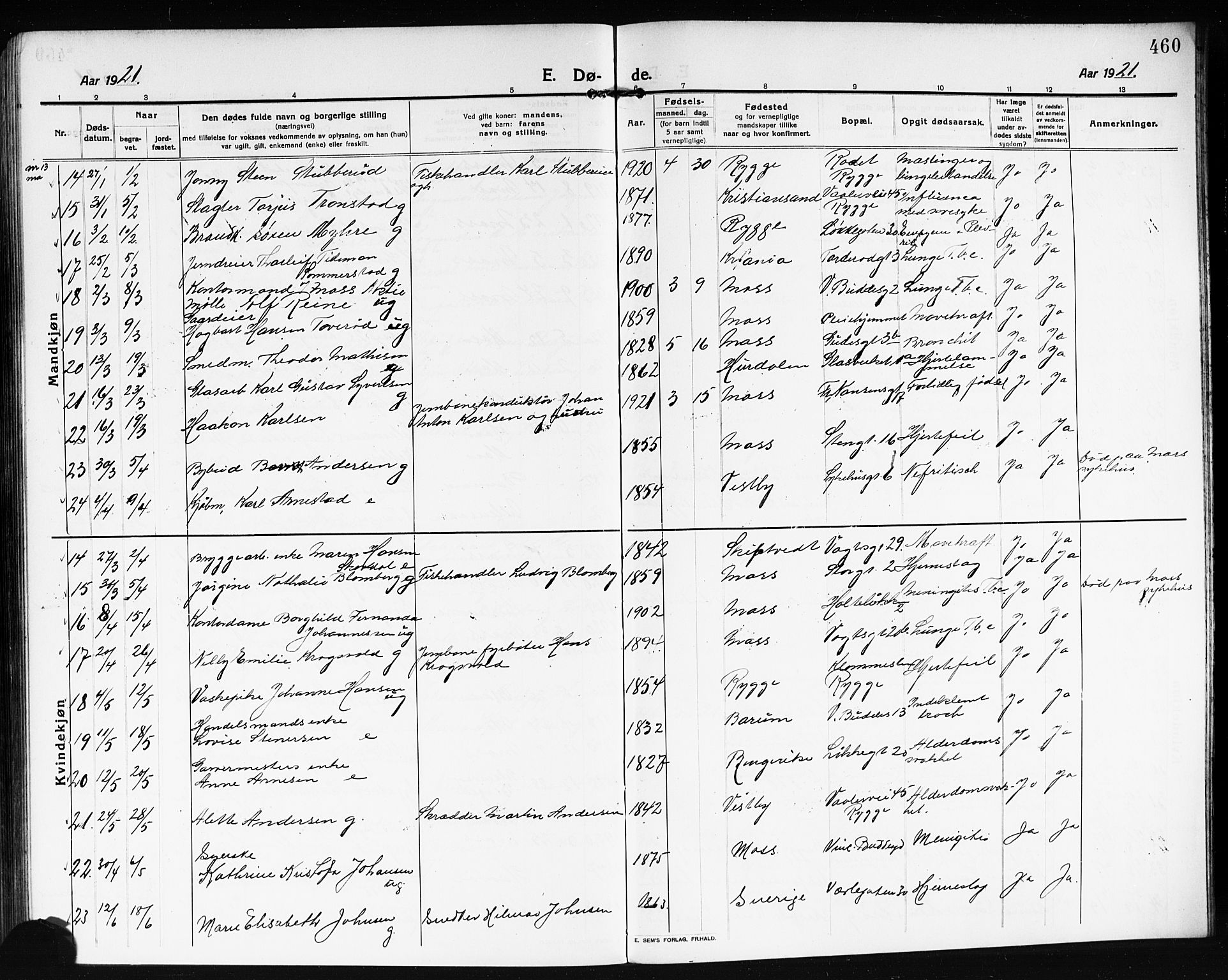 Moss prestekontor Kirkebøker, SAO/A-2003/G/Ga/L0008: Parish register (copy) no. I 8, 1913-1923, p. 460