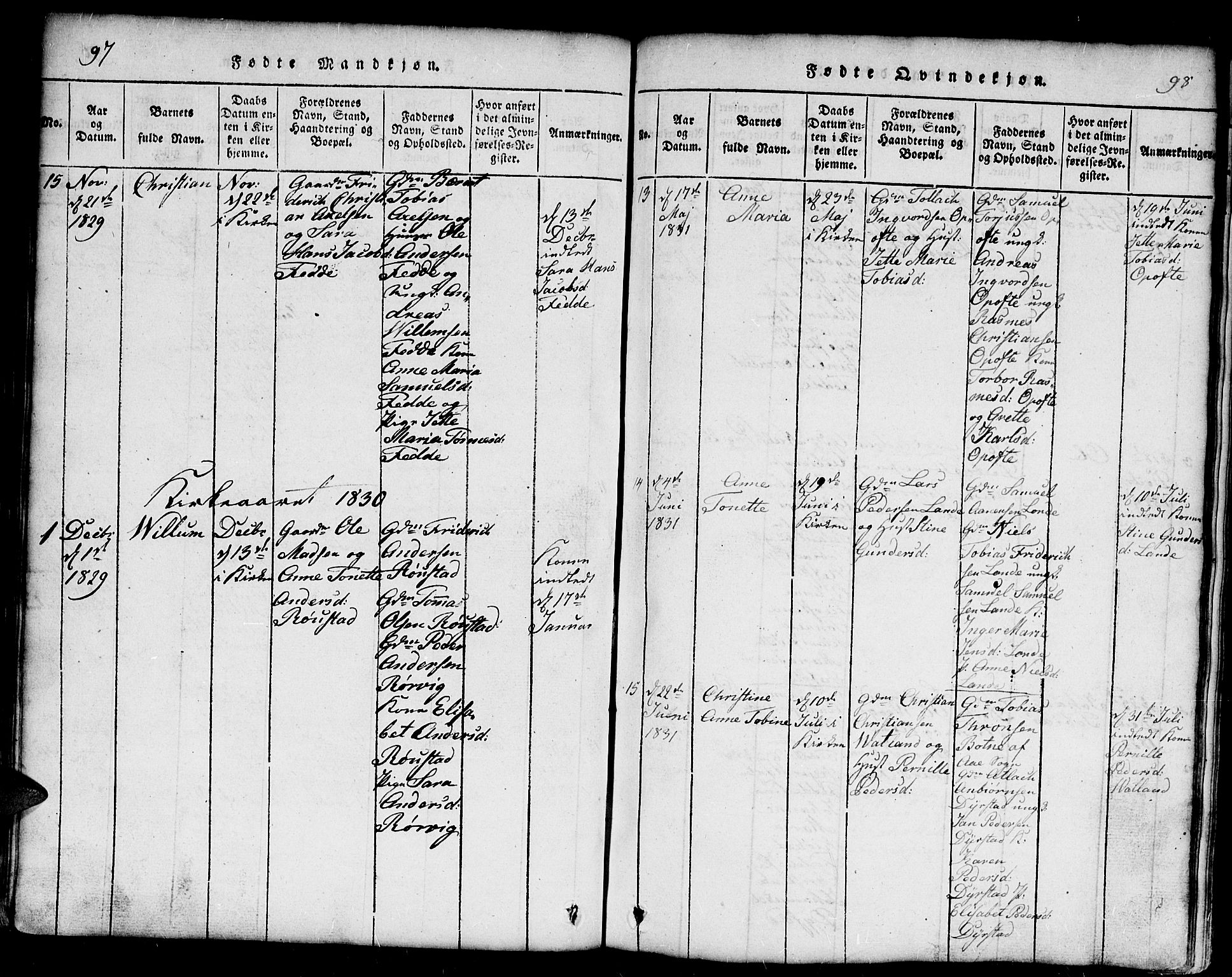 Kvinesdal sokneprestkontor, SAK/1111-0026/F/Fb/Fba/L0001: Parish register (copy) no. B 1, 1815-1839, p. 97-98