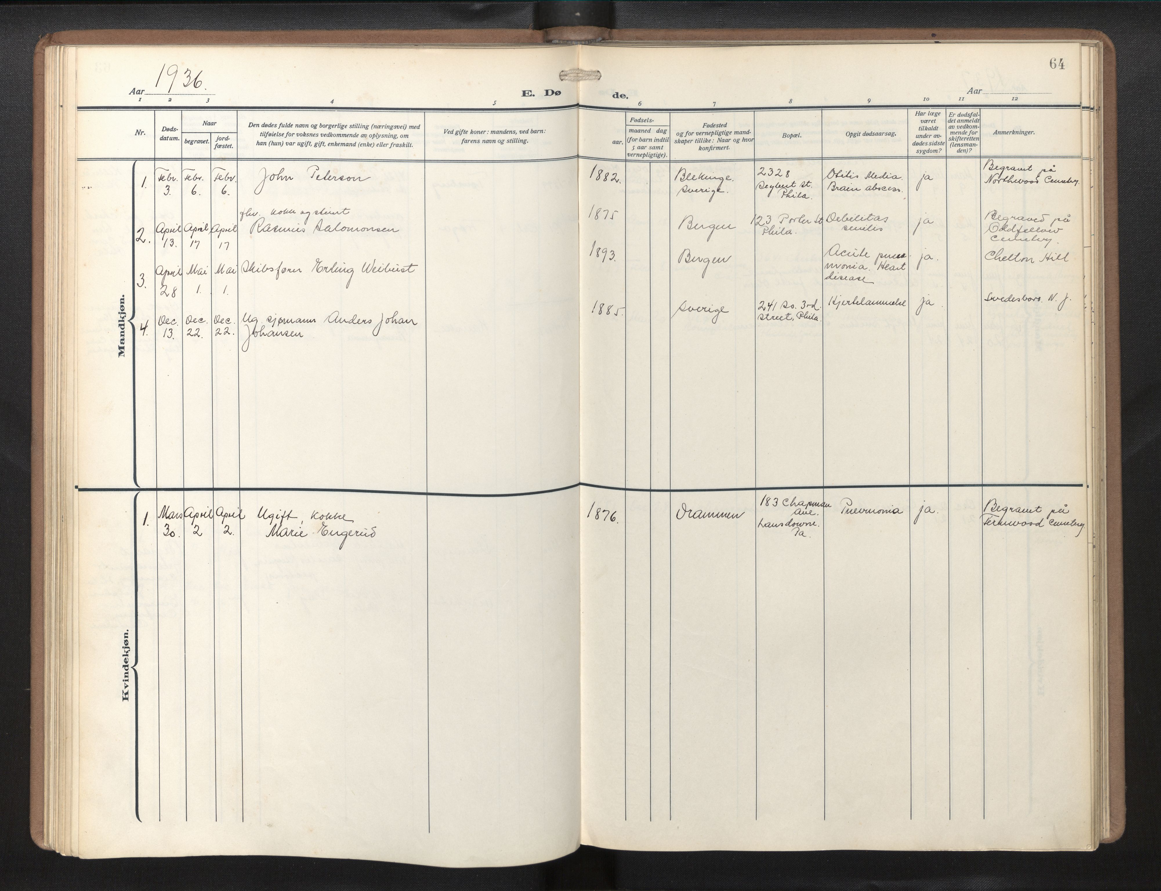 Den norske sjømannsmisjon i utlandet/Philadelphia, AV/SAB-SAB/PA-0113/H/Ha/L0002: Parish register (official) no. A 2, 1931-1957, p. 63b-64a