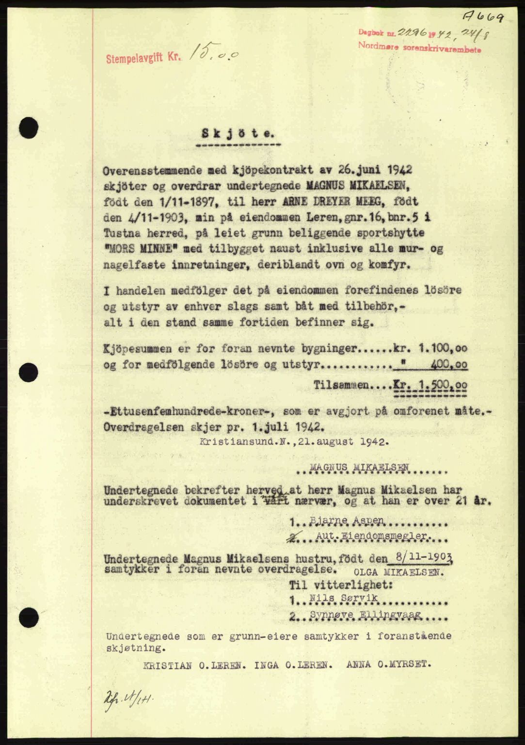 Nordmøre sorenskriveri, AV/SAT-A-4132/1/2/2Ca: Mortgage book no. A93, 1942-1942, Diary no: : 2296/1942