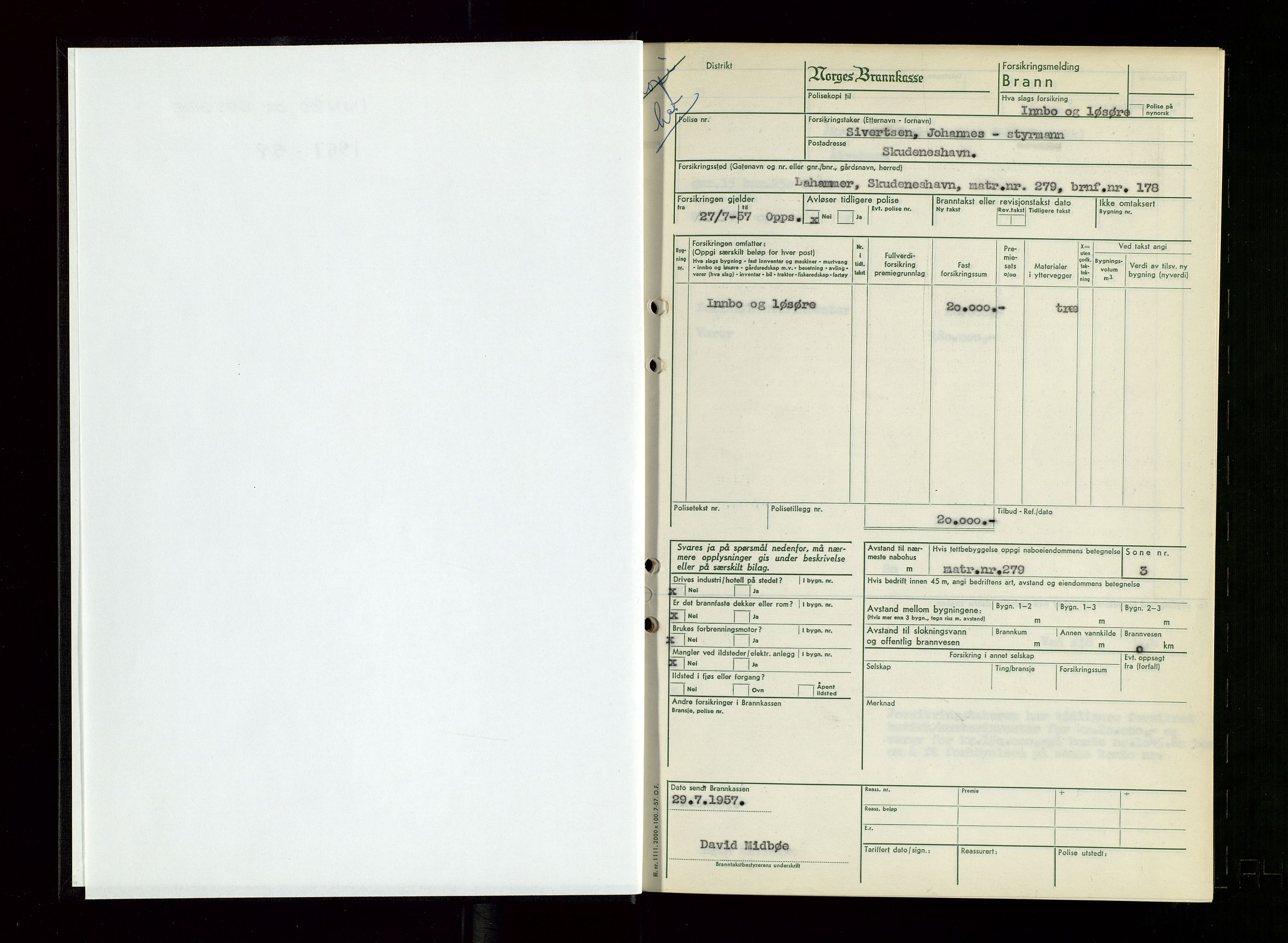 Skudenes lensmannskontor, AV/SAST-A-100444/Gob/L0006: Branntakstprotokoll, 1957-1958