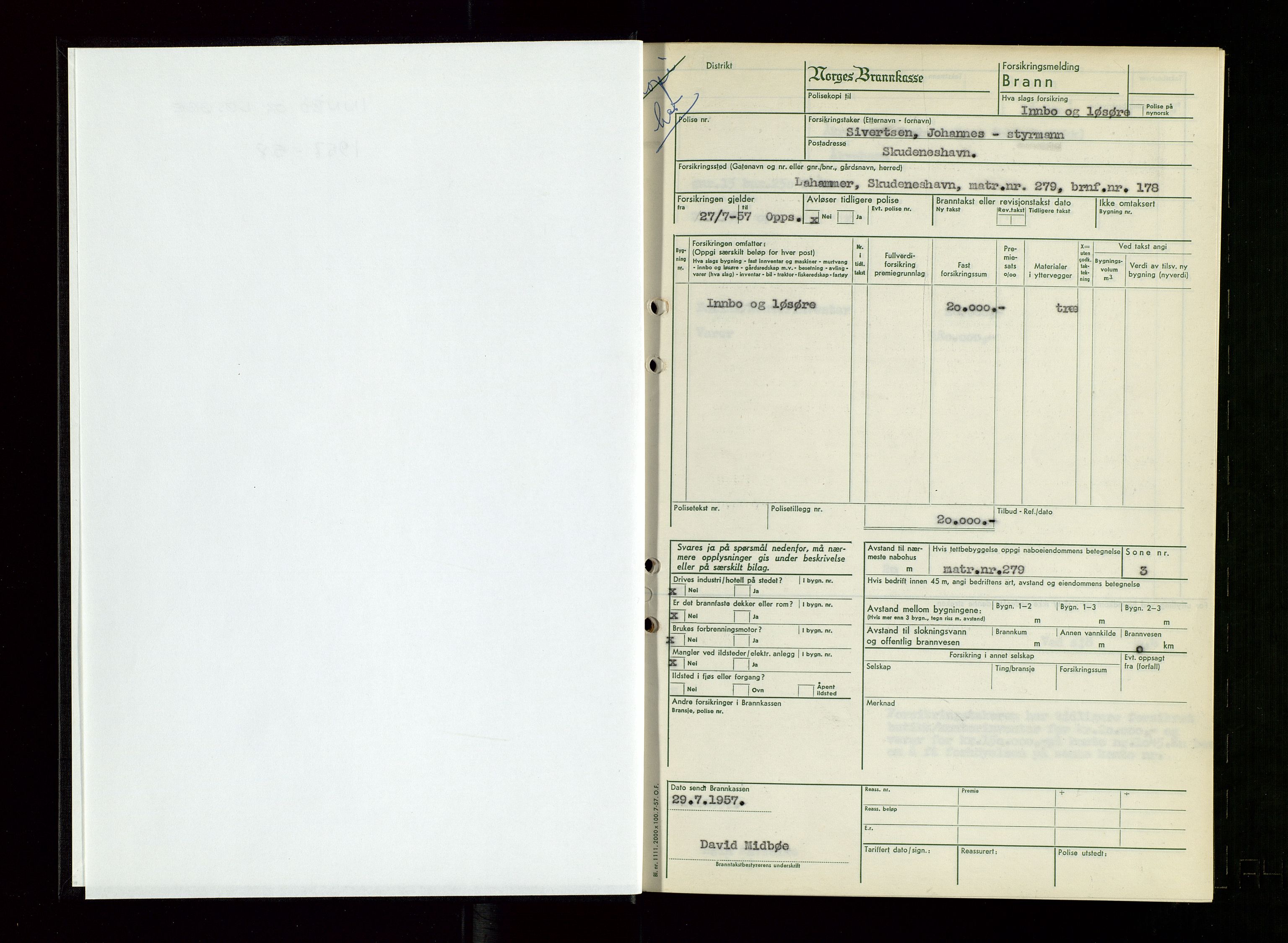 Skudenes lensmannskontor, SAST/A-100444/Gob/L0006: Branntakstprotokoll, 1957-1958