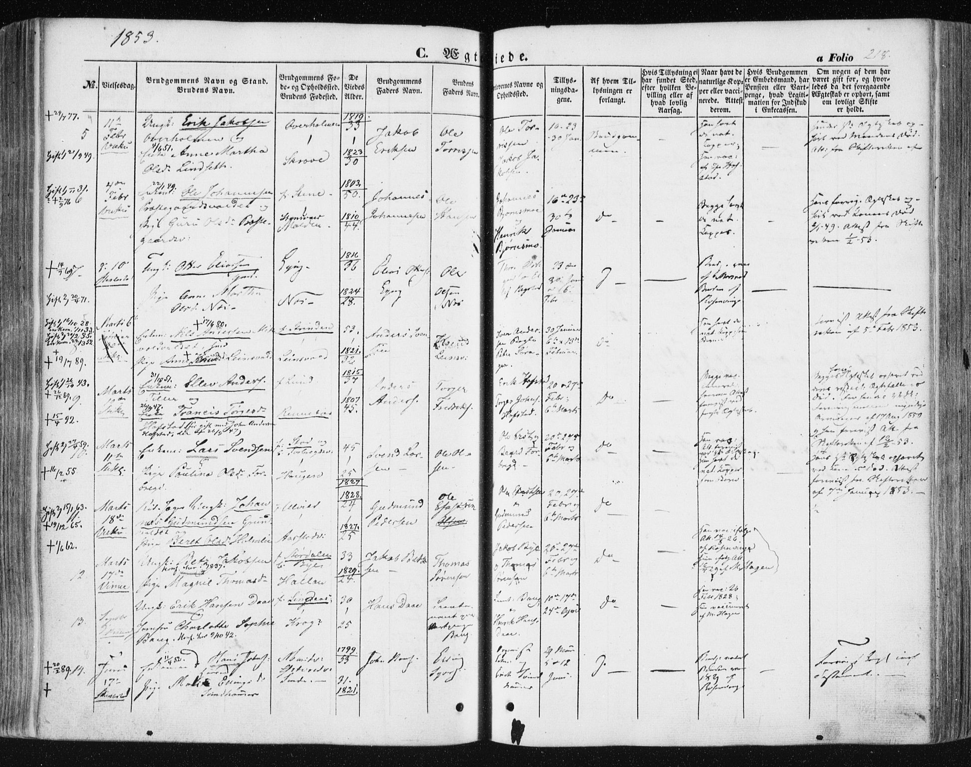 Ministerialprotokoller, klokkerbøker og fødselsregistre - Nord-Trøndelag, AV/SAT-A-1458/723/L0240: Parish register (official) no. 723A09, 1852-1860, p. 218