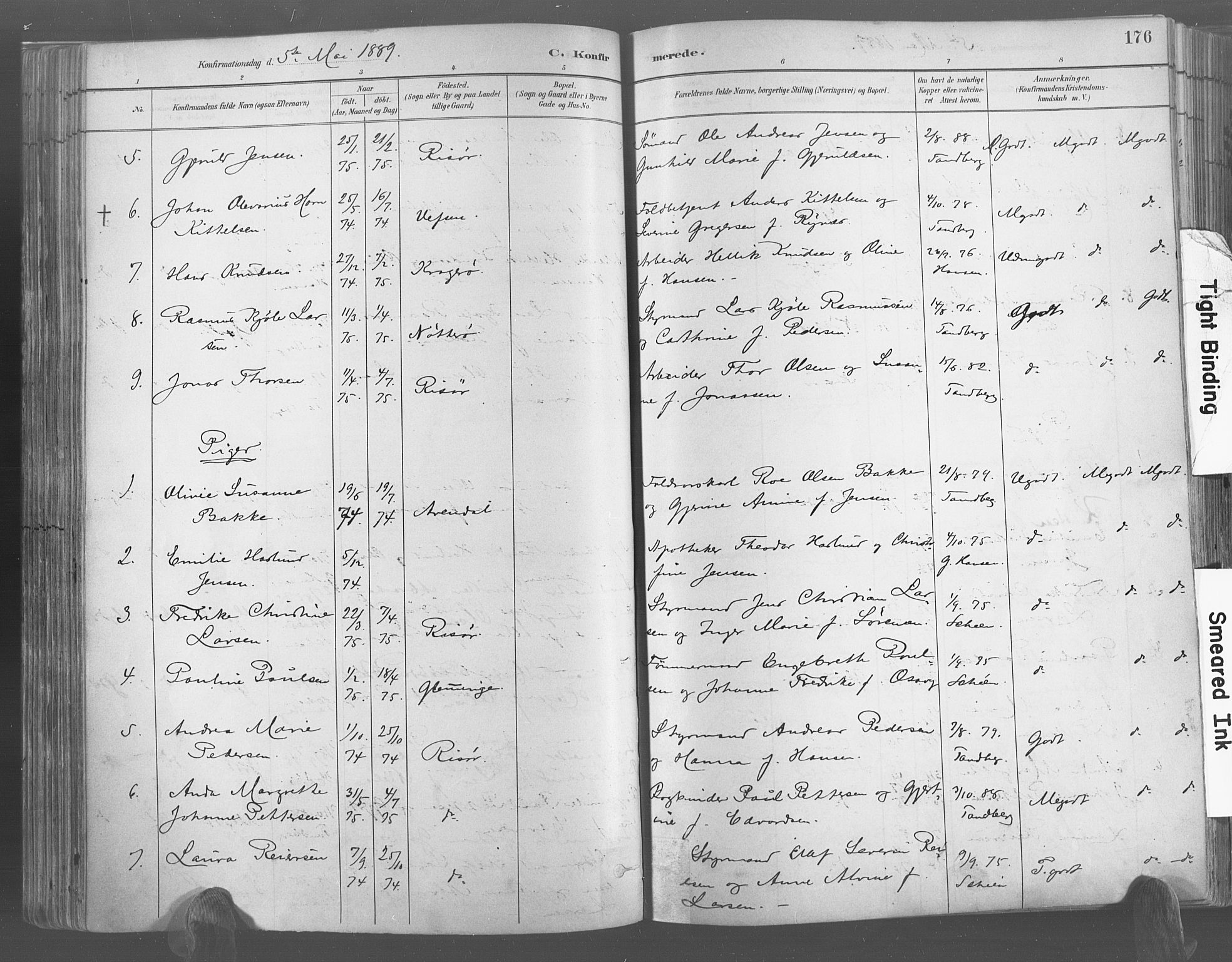 Risør sokneprestkontor, AV/SAK-1111-0035/F/Fa/L0005: Parish register (official) no. A 5, 1883-1895, p. 176