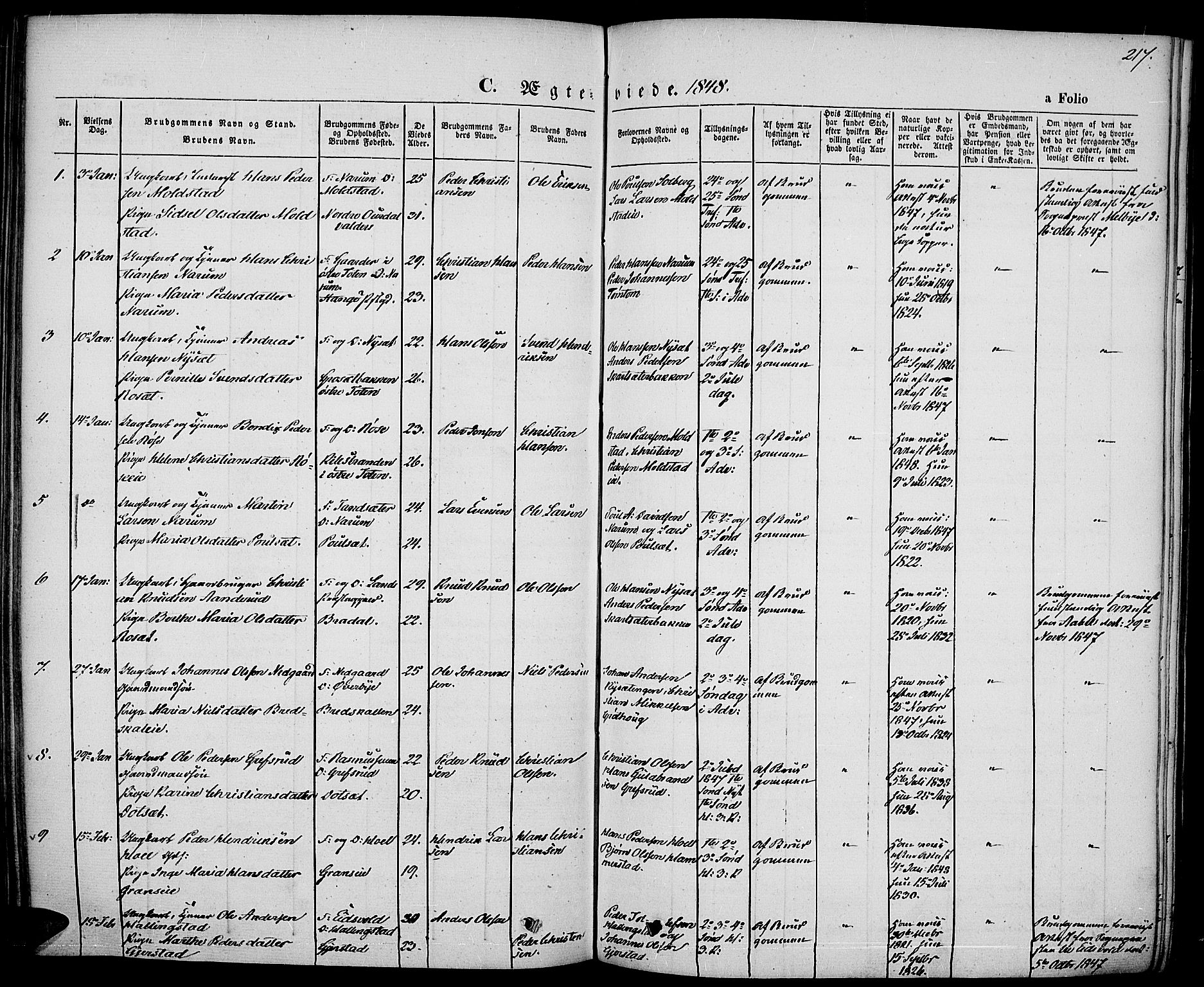 Vestre Toten prestekontor, SAH/PREST-108/H/Ha/Haa/L0004: Parish register (official) no. 4, 1844-1849, p. 217