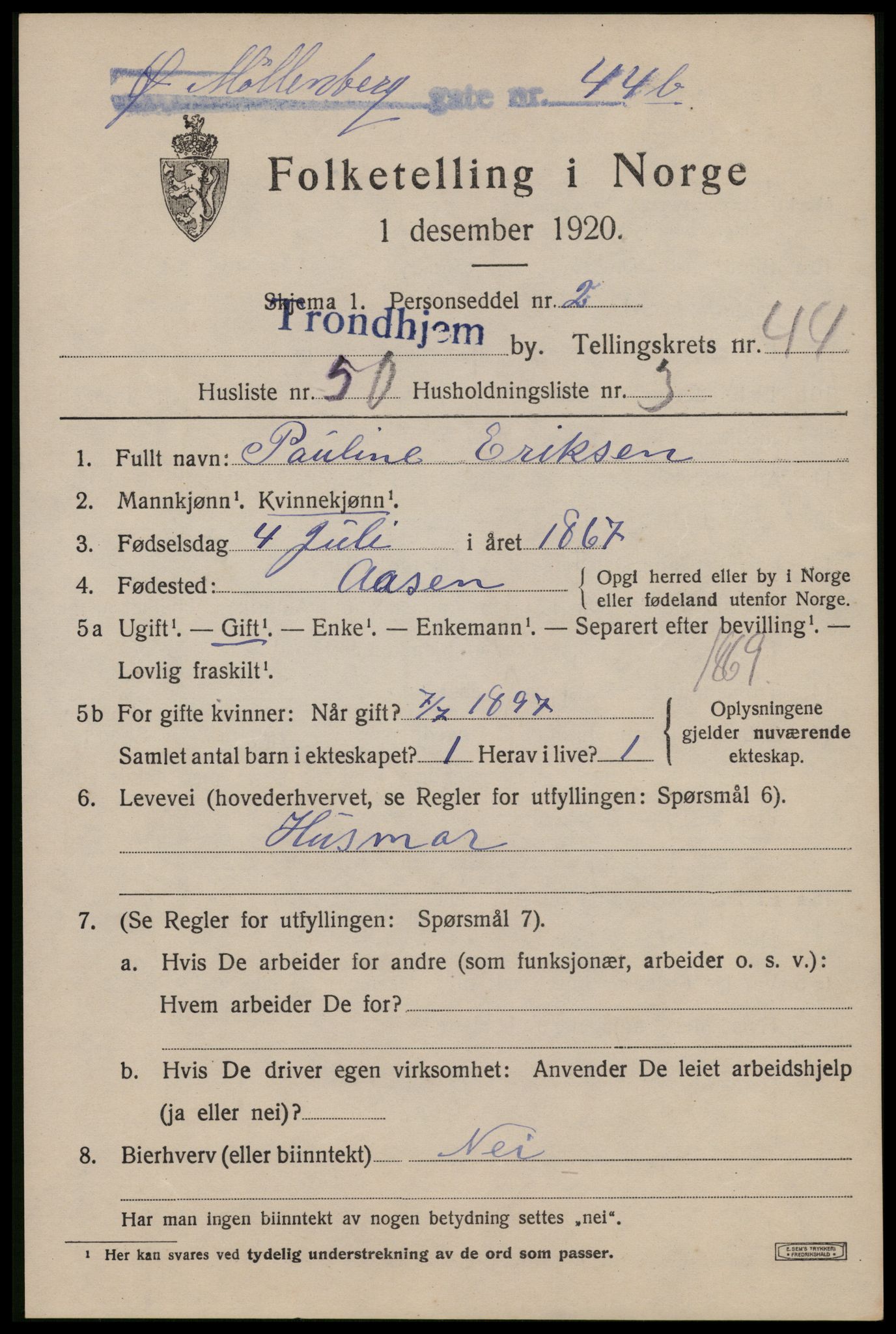 SAT, 1920 census for Trondheim, 1920, p. 96106
