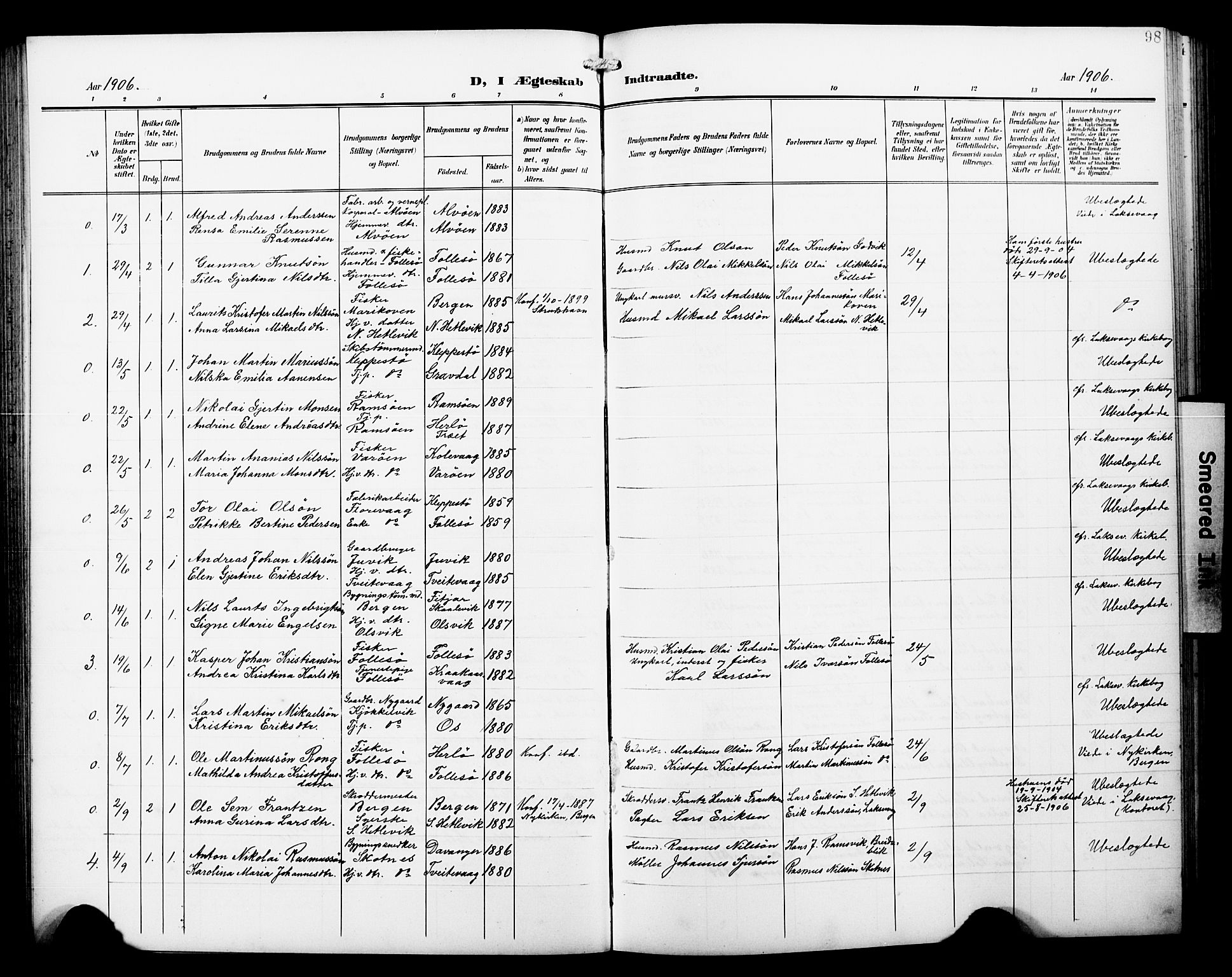 Askøy Sokneprestembete, SAB/A-74101/H/Ha/Hab/Haba/L0014: Parish register (copy) no. A 14, 1904-1927, p. 98