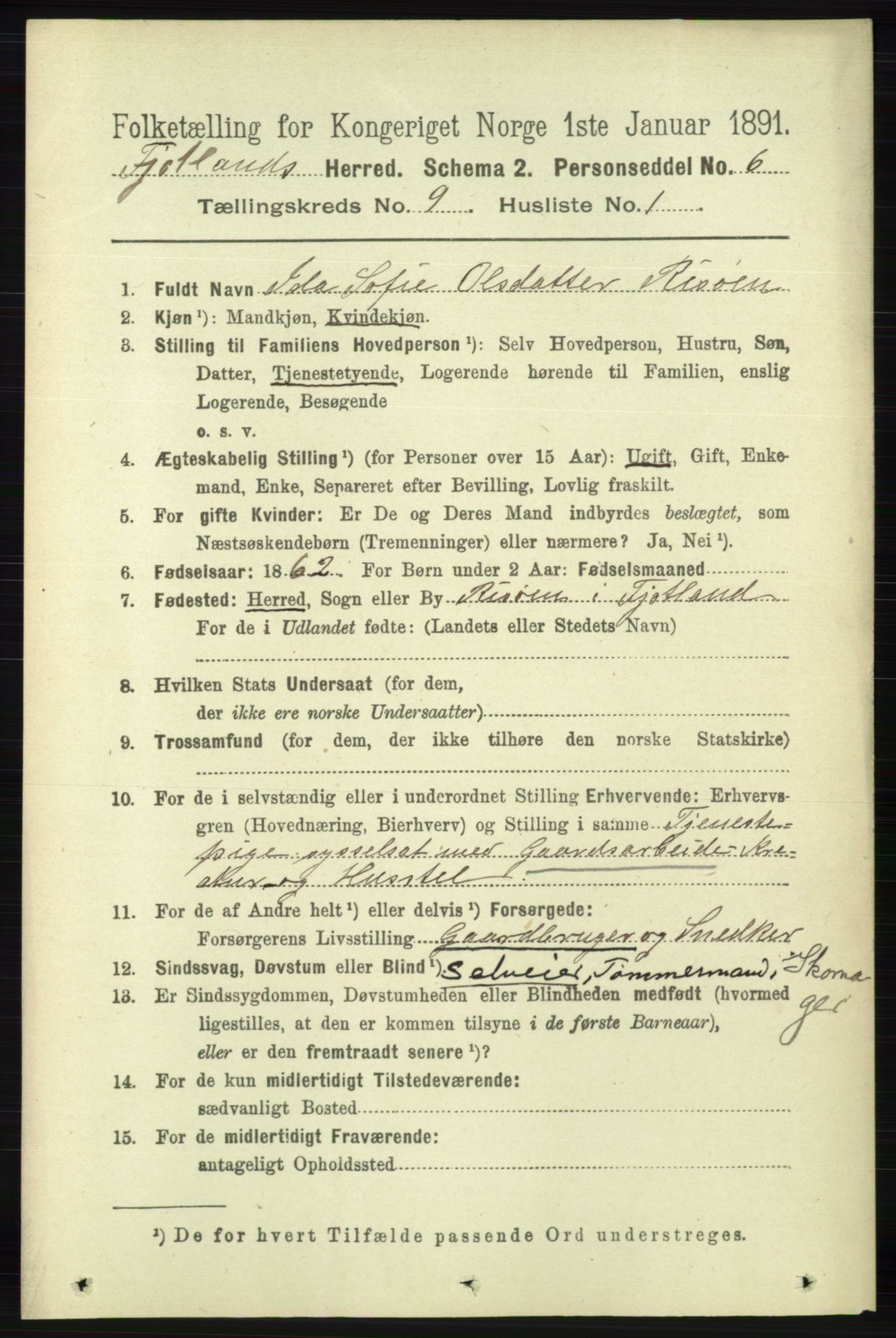 RA, 1891 census for 1036 Fjotland, 1891, p. 1307