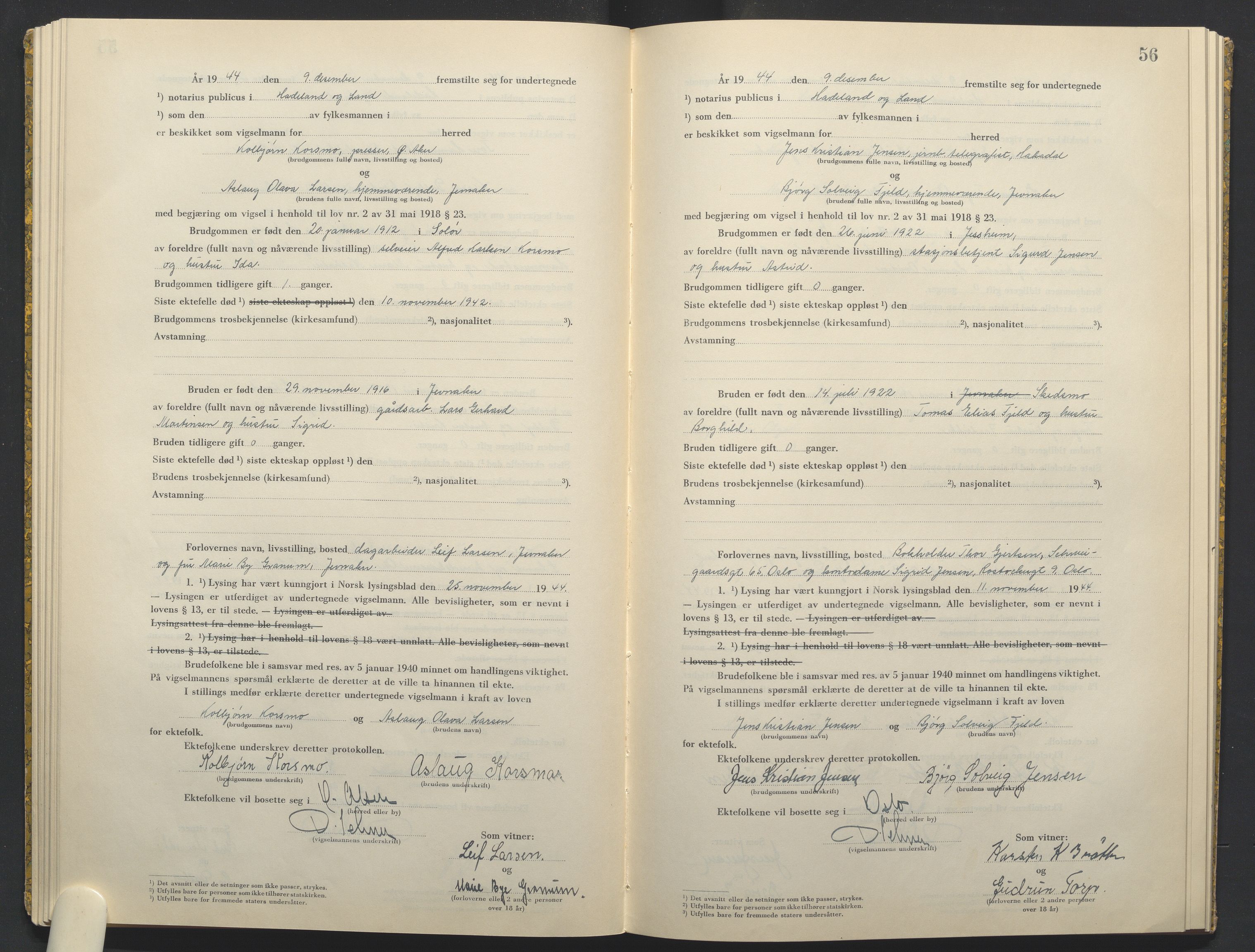 Hadeland og Land tingrett, AV/SAH-TING-010/L/Lb/L0003: Vigselbok, 1944-1946, p. 56