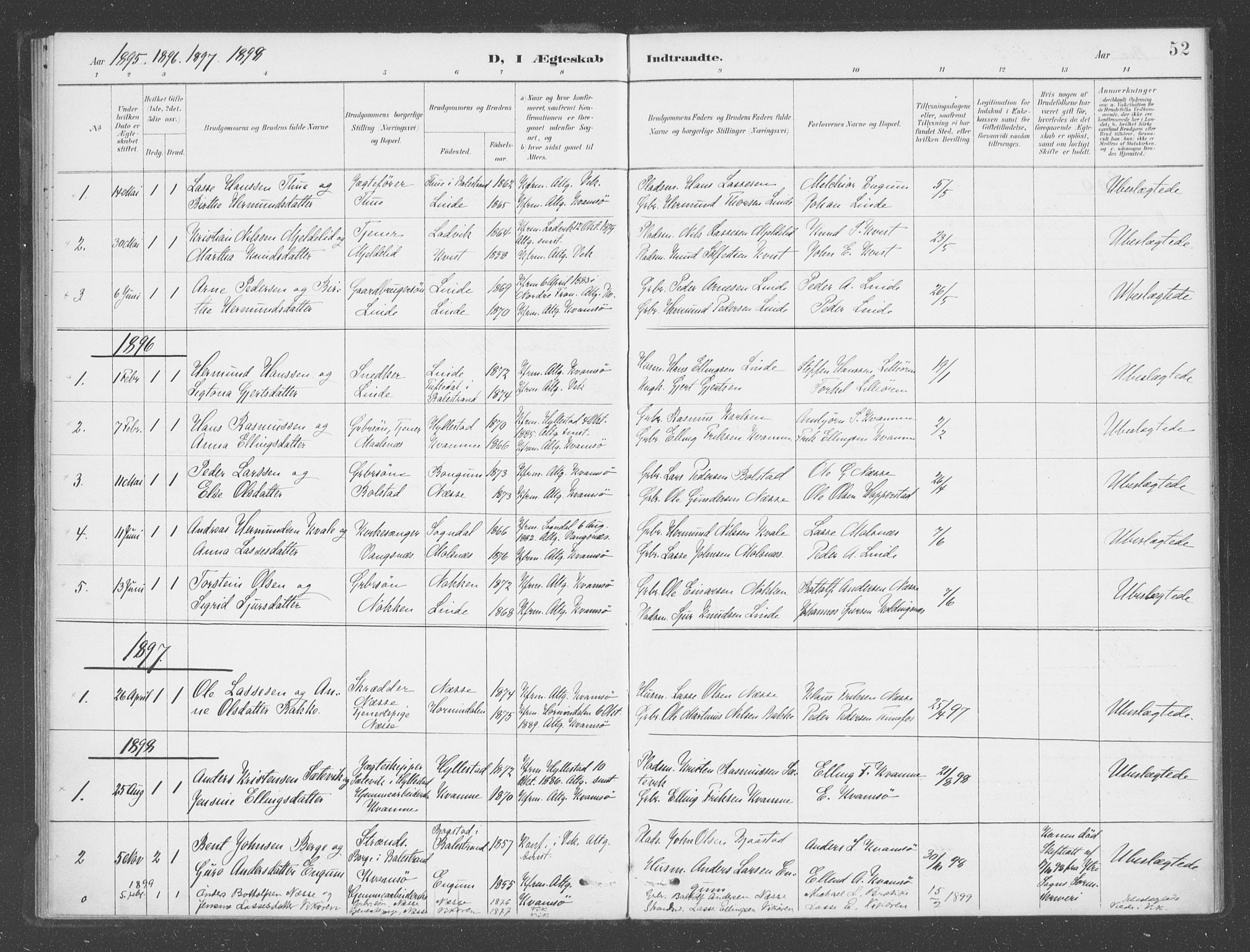 Vik sokneprestembete, AV/SAB-A-81501/H/Haa/Haad/L0002: Parish register (official) no. D  2, 1891-1907, p. 52