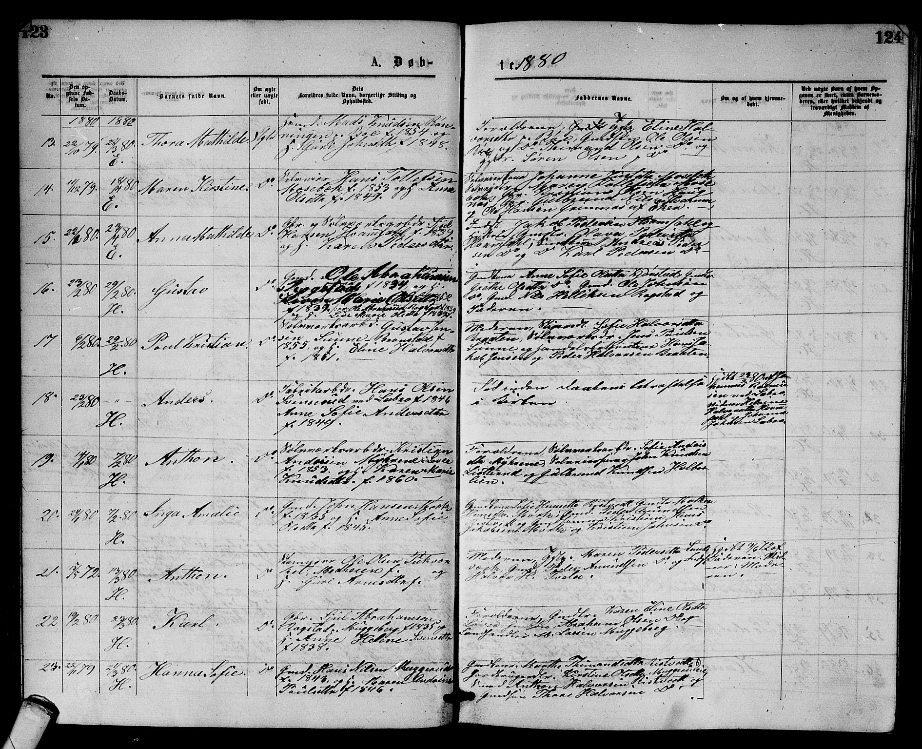 Sandsvær kirkebøker, AV/SAKO-A-244/G/Gb/L0001: Parish register (copy) no. II 1, 1874-1885, p. 123-124