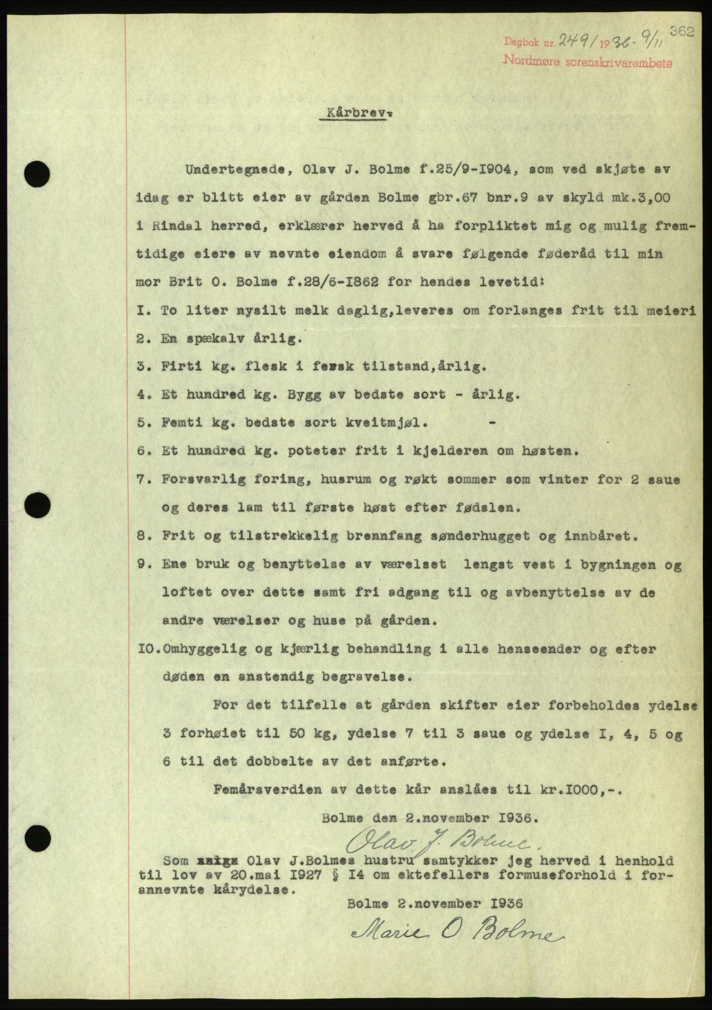 Nordmøre sorenskriveri, AV/SAT-A-4132/1/2/2Ca/L0090: Mortgage book no. B80, 1936-1937, Diary no: : 2491/1936