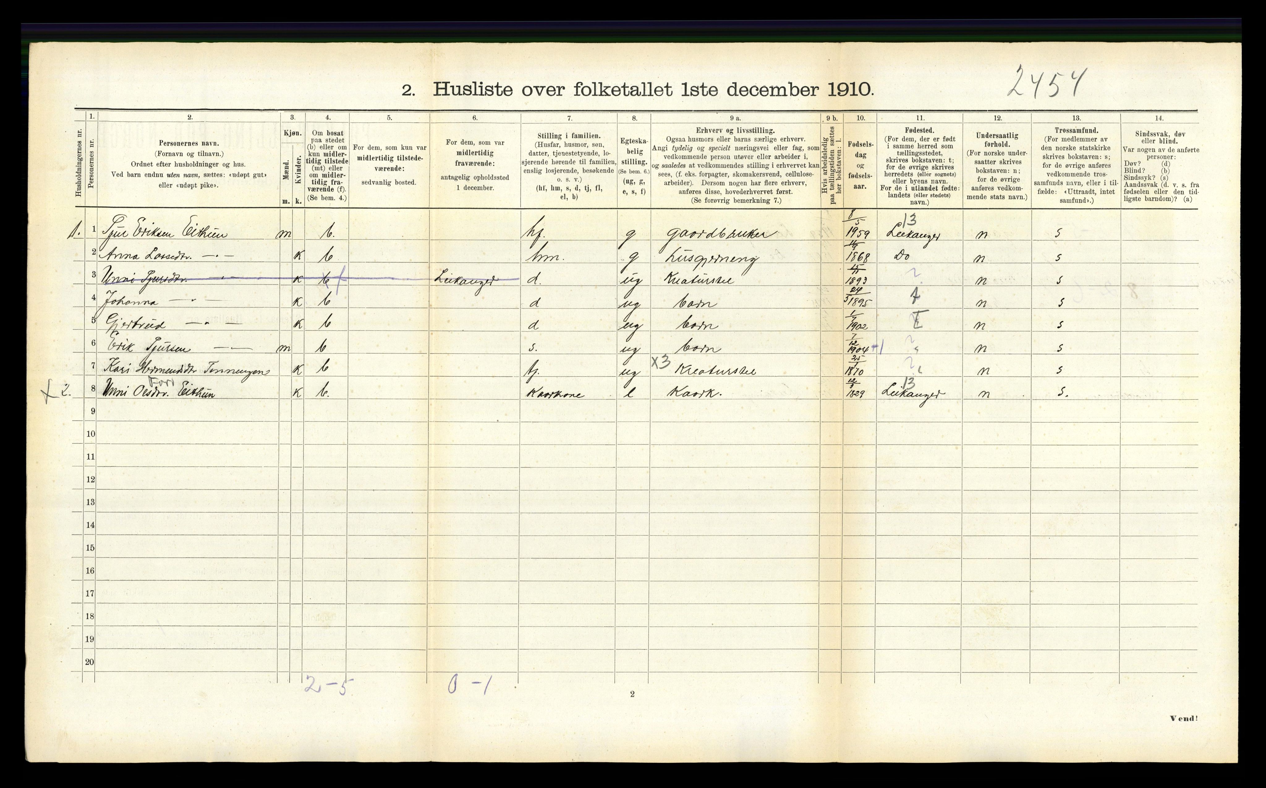 RA, 1910 census for Balestrand, 1910, p. 455